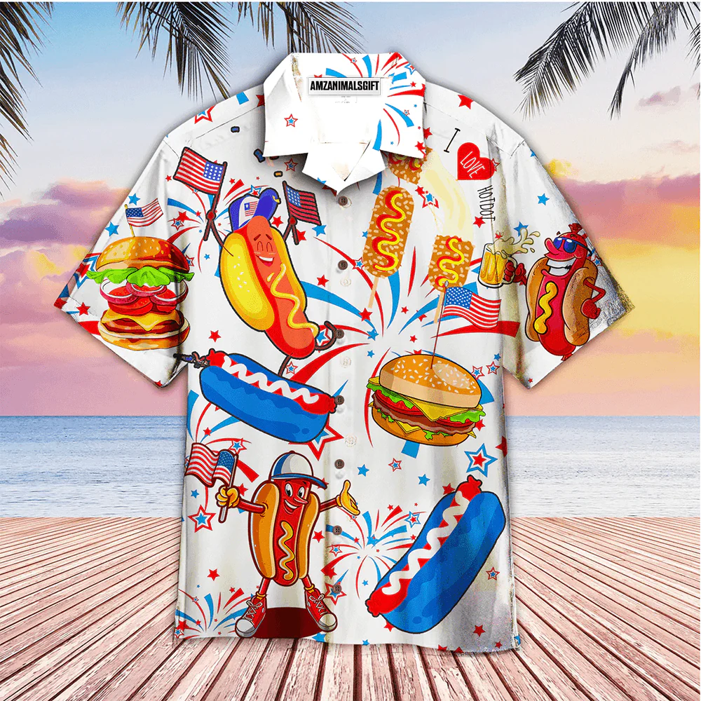 Funny American Hot Dog 4th Of July Independence Day White And Blue Aloha Hawaiian Shirts For Men Women, USA Flag Hawaiian Shirt, Gift For Summer - Image 2