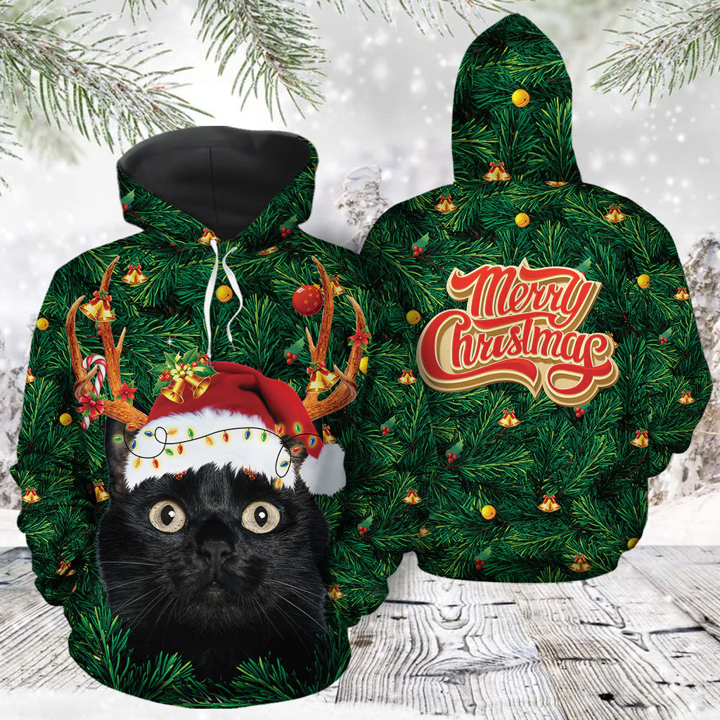 Funny Black Cat Deerhorn Pullover Premium Hoodie Merry Christmas, Perfect Outfit For Men And Women On Christmas New Year Autumn Winter - Image 3