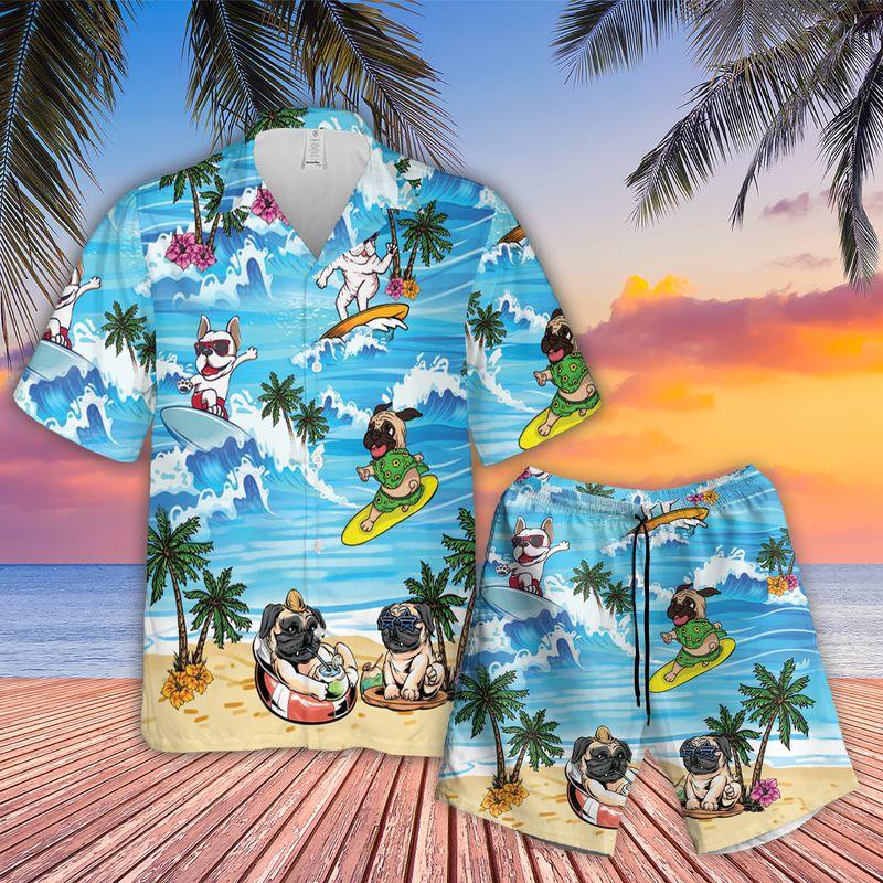 Funny Cartoon Dog Aloha Hawaiian Shirts For Summer, Dog Surfing Hawaiian Set Holiday Outfit For Men Women, Gift For Friend, Surfing Lovers, Dog Lovers