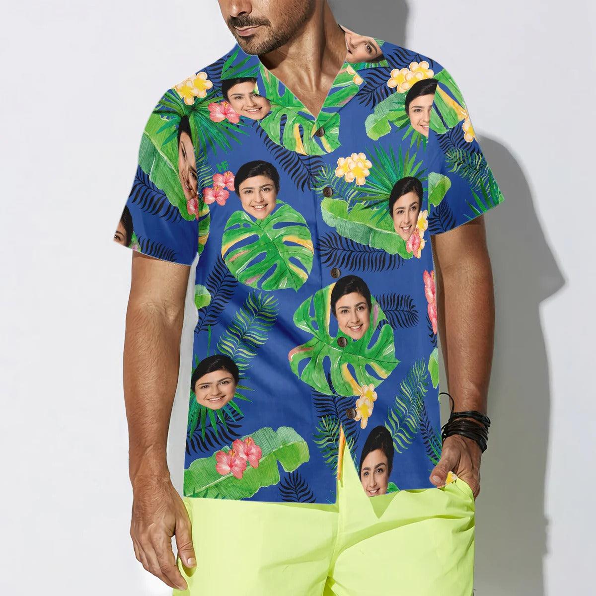 Funny Custom Face Tropical Pattern In Blue Background Hawaiian Shirt, Custom Photo Hawaiian Shirt - Personalized Summer Gifts For Men, Women - Image 3