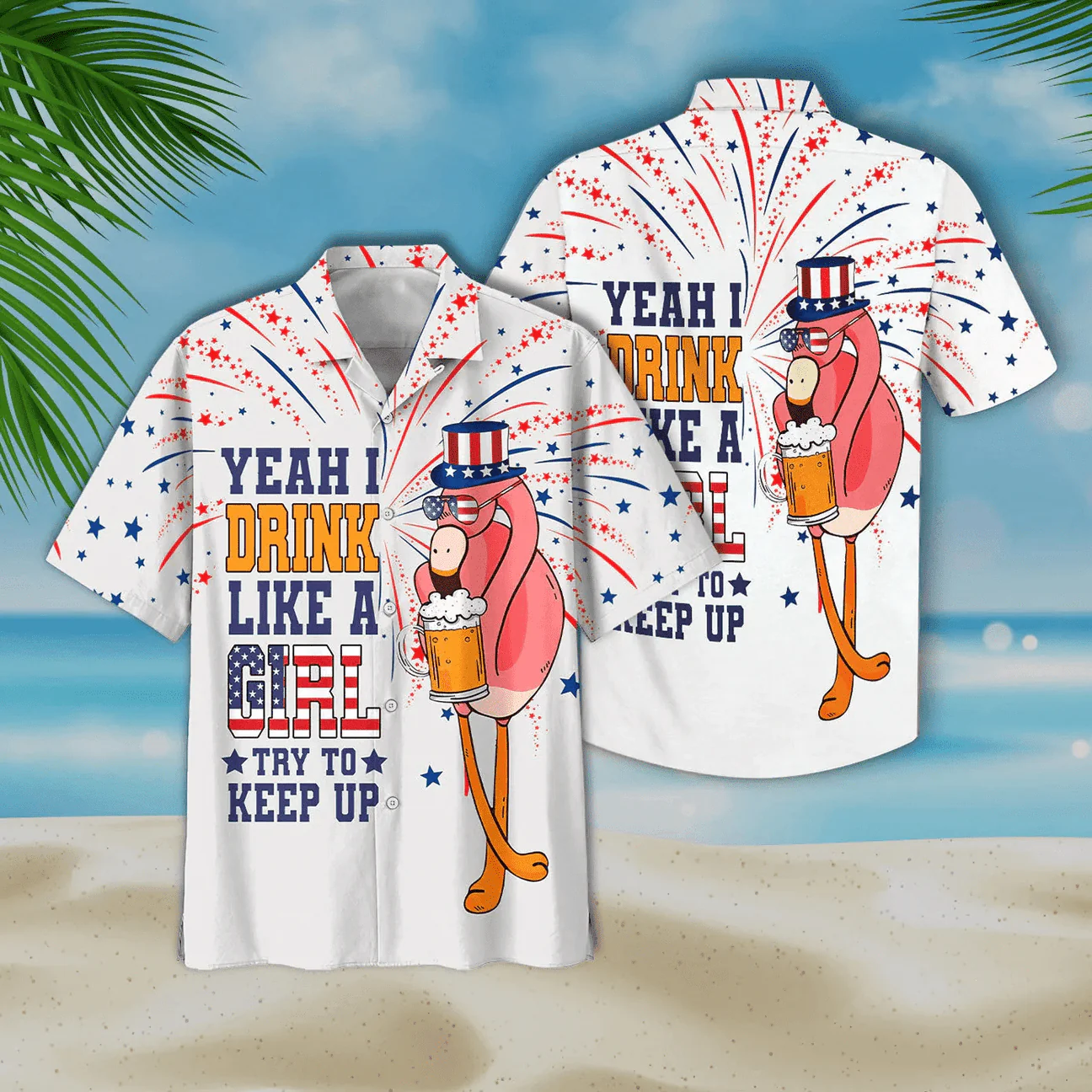 Funny Flamingo Aloha Hawaiian Shirts For Summer, Flamingo Drinking Beer Independence Day 4th Of July Flag Aloha Hawaiian Shirt For Men Women - Image 2