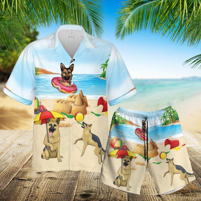 German Shepherd Aloha Hawaiian Shirts For Summer, Dog Beach Pictures Hawaiian Set For Men Women, Gift For Dog Lovers, Dog Owner, Dog Mom Dad