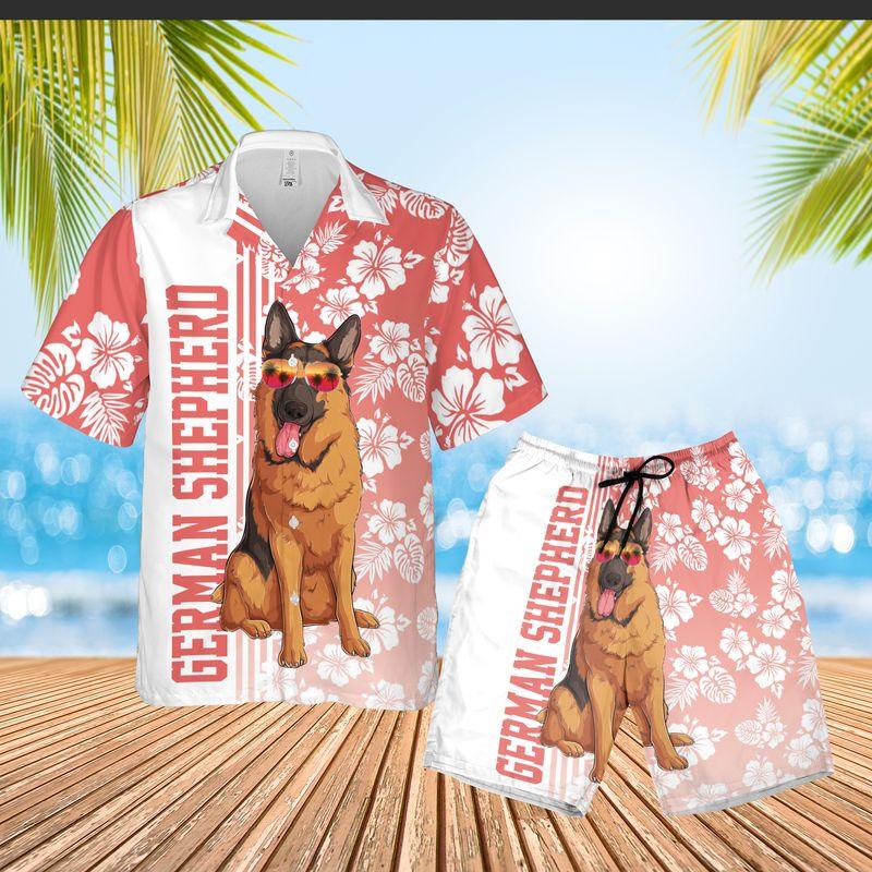 German Shepherd Aloha Hawaiian Shirts For Summer, Hibiscus Flower Hawaiian Set Holiday Outfits For Men Women, Gift For Dog Lovers, Dog Mom Dad, Friend