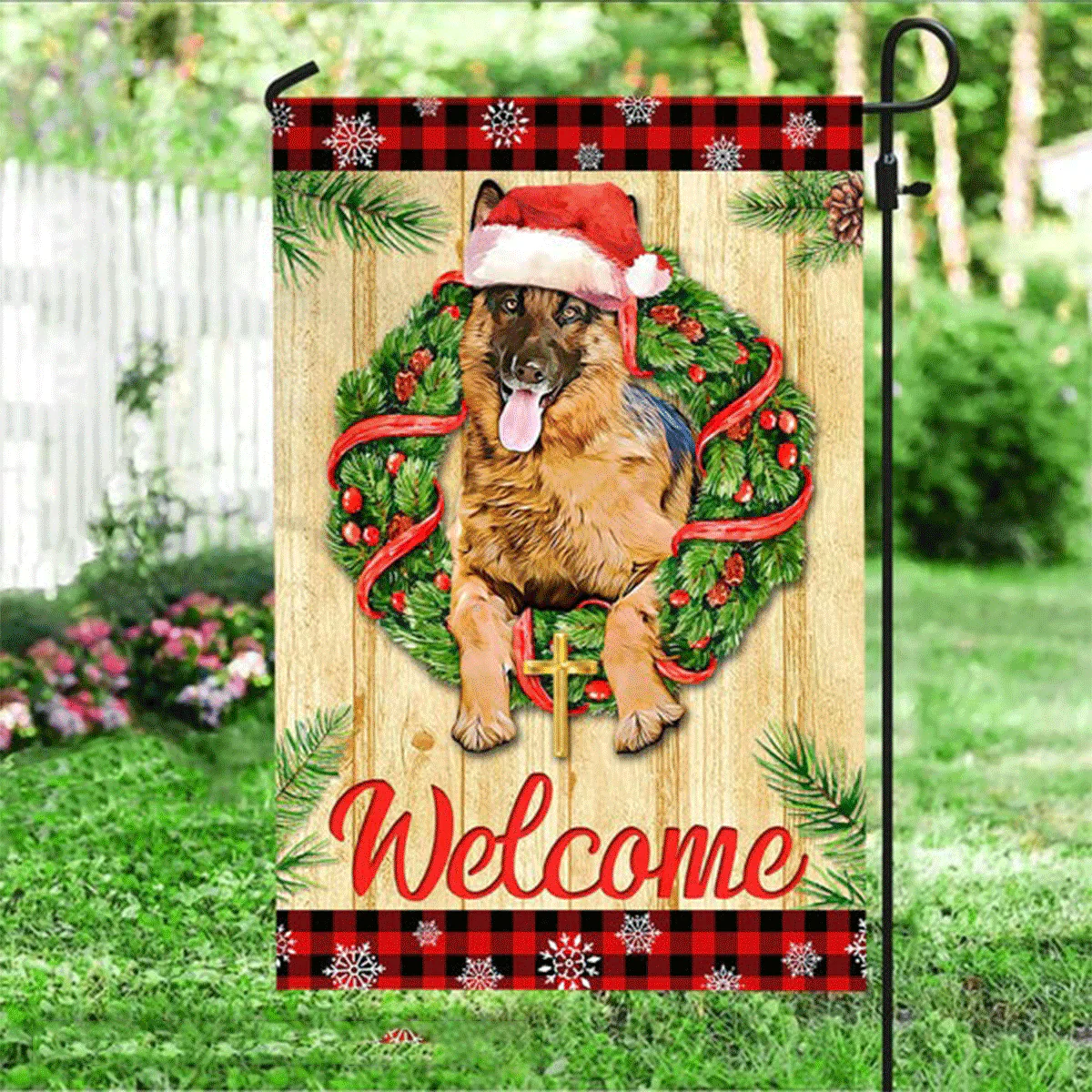 German Shepherd Flag - German shepherd on Christmas, Golden Cross, Christmas Hat Flag - Perfect Gift For Dog Lover, Friend, Family, Christmas