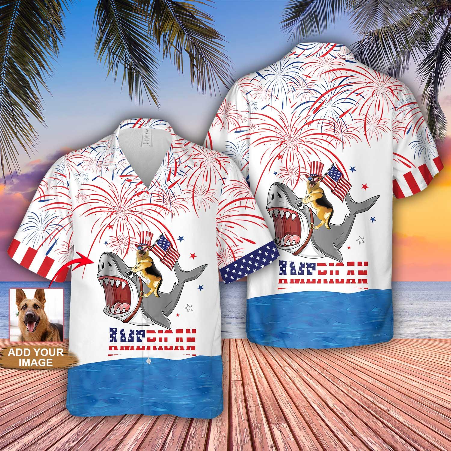German Shepherd Hawaiian Shirt Custom Photo For 4th Of July , Puppy Riding Shark With American Flag Firework Personalized Hawaiian Shirt - Gift for Independence Day