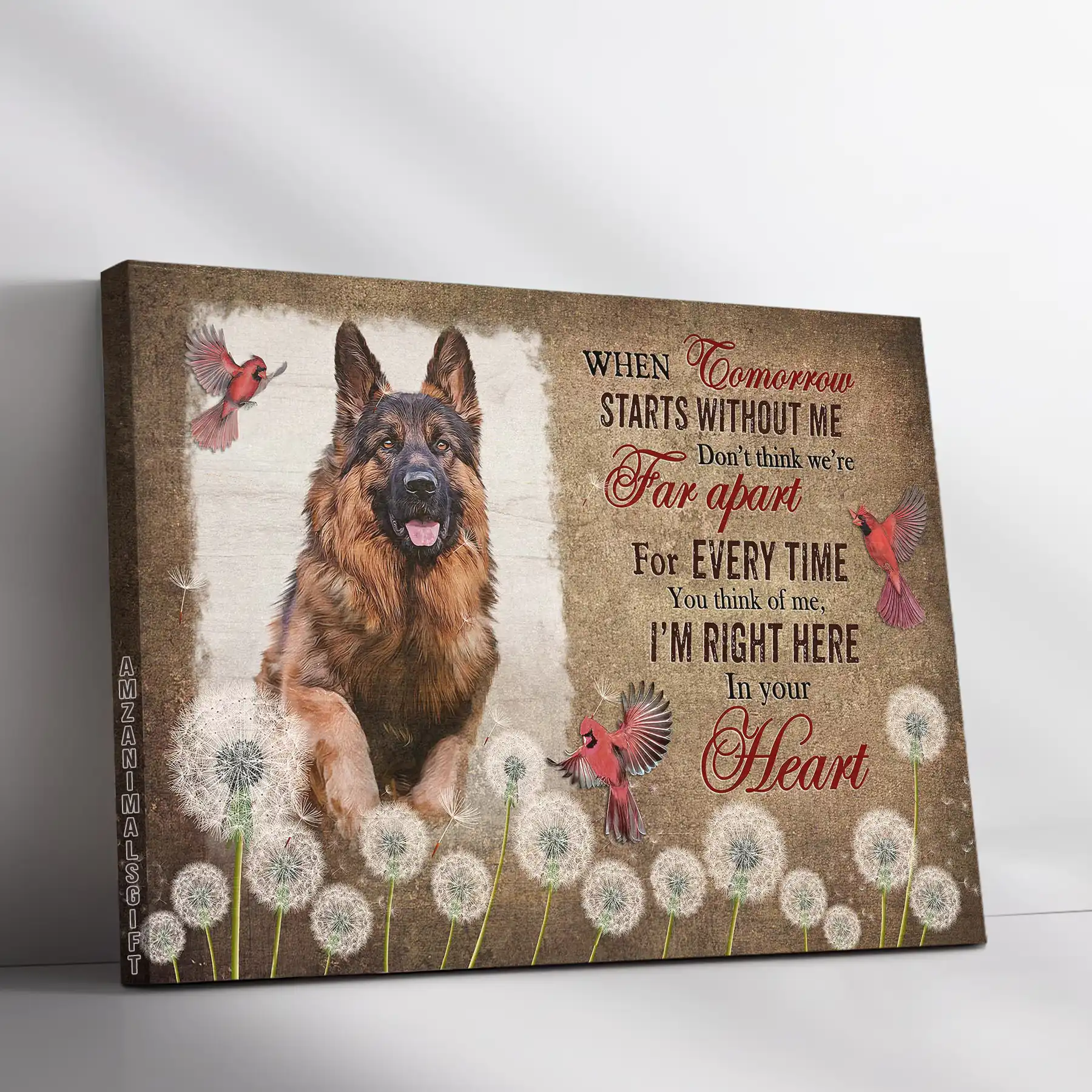German Shepherd Memorial Landscape Canvas - Premium Wrapped Canvas Gift For German Shepherd Lovers, Dandelion Field And Red Cardinal