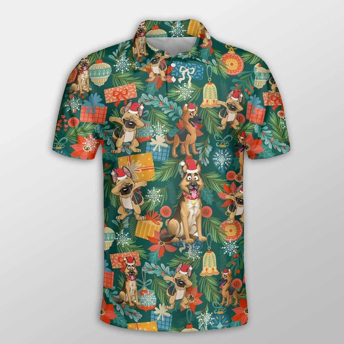 German Shepherd Men Polo Shirts - German Shepherd Christmas Poinsettia Mistletoe Gift Dog Button Shirts For Men - Perfect Gift For German Shepherd Lovers, Christmas Gifts