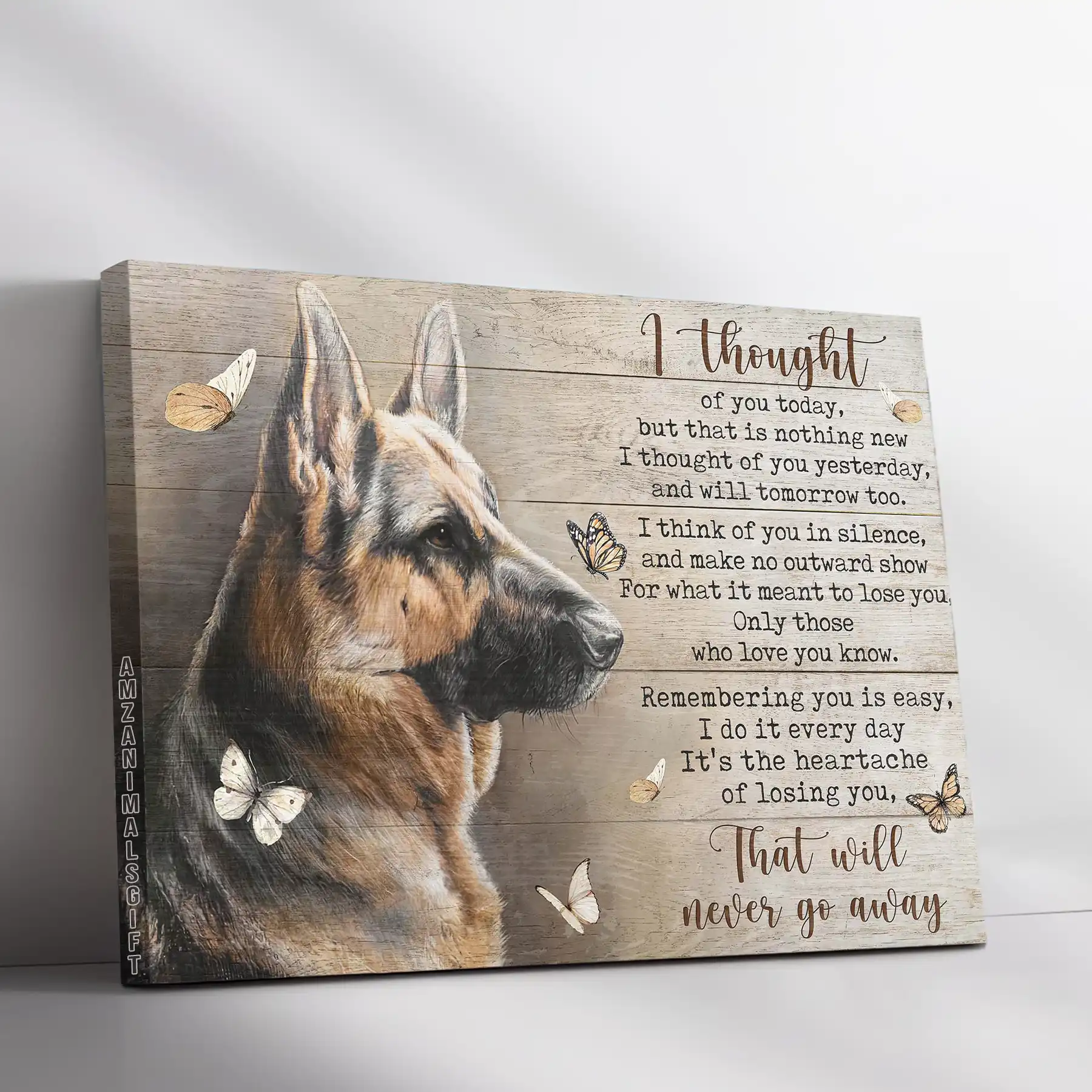 German Shepherd Premium Wrapped Landscape Canvas - German Shepherd, Orange Butterfly, That Will Never Go Away - Memorial For German Shepherd Lovers
