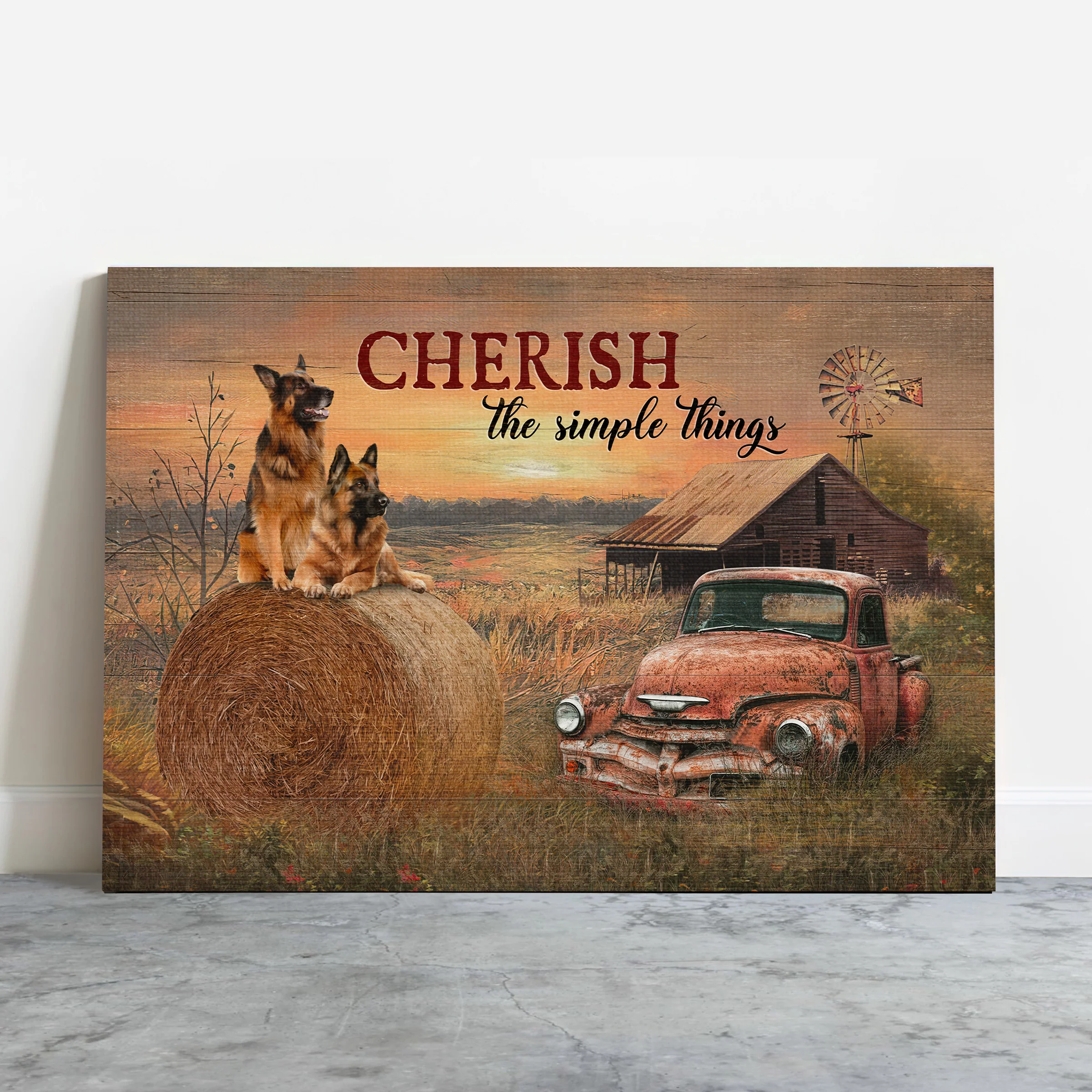 German Shepherd Premium Wrapped Landscape Canvas - German Shepherd, Red Old Car, Farm Painting, Cherish The Simple Thing- Gift For Dog Lovers - Image 2