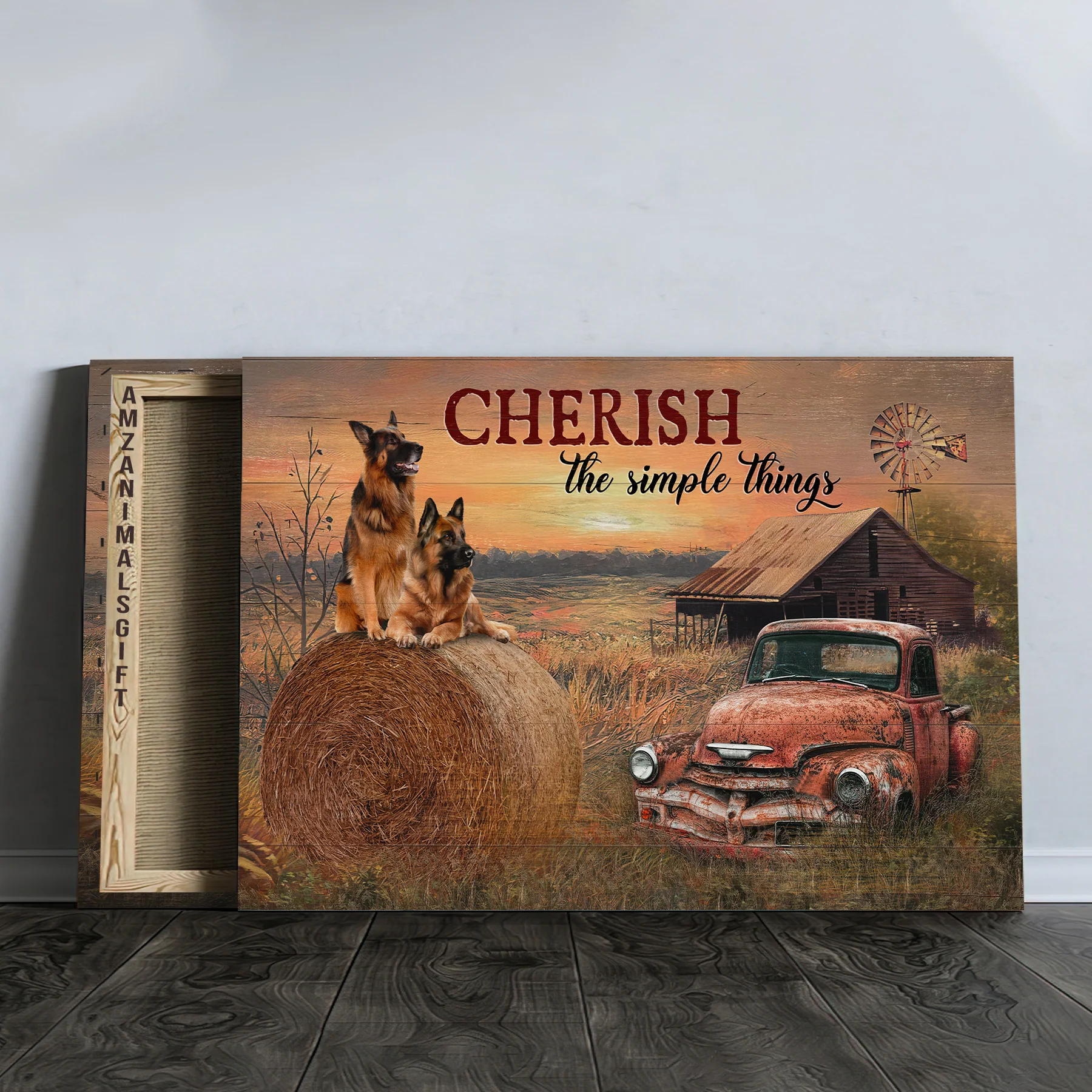 German Shepherd Premium Wrapped Landscape Canvas - German Shepherd, Red Old Car, Farm Painting, Cherish The Simple Thing- Gift For Dog Lovers - Image 4
