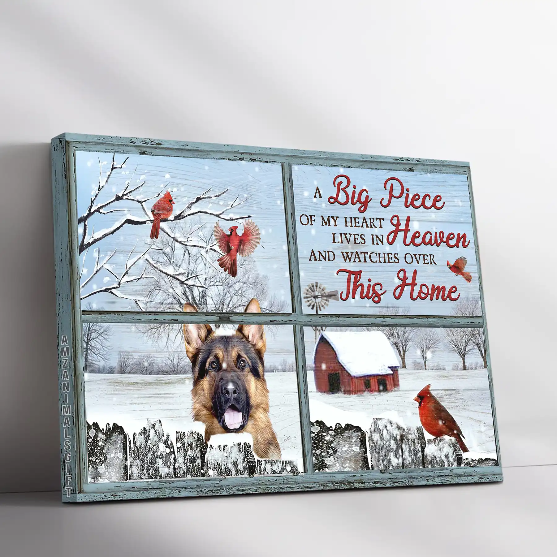 German Shepherd Premium Wrapped Landscape Canvas - German Shepherd, Winter Village, Cardinal, A Big Piece Of My Heart - Memorial Gift For Dog Lovers