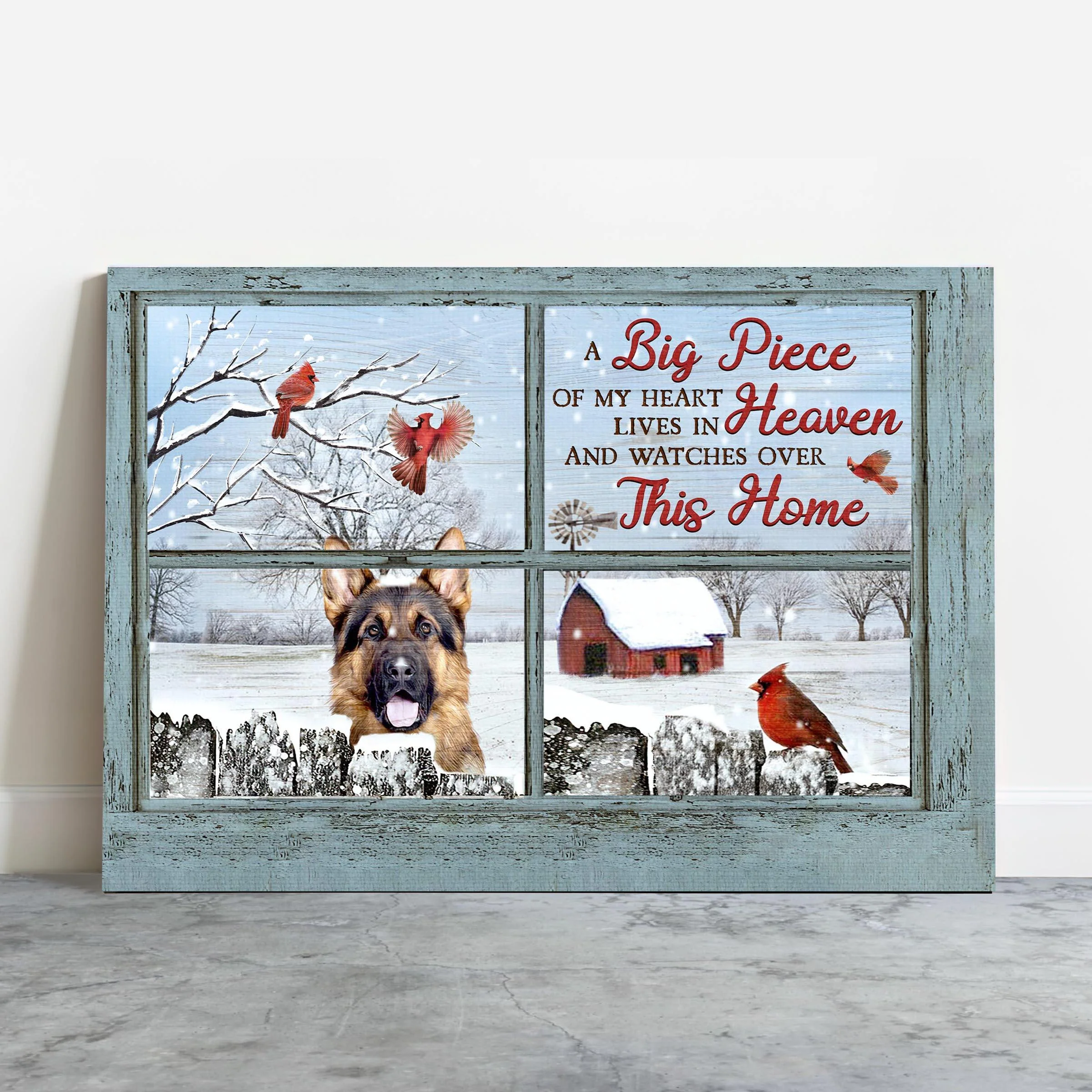 German Shepherd Premium Wrapped Landscape Canvas - German Shepherd, Winter Village, Cardinal, A Big Piece Of My Heart - Memorial Gift For Dog Lovers - Image 2