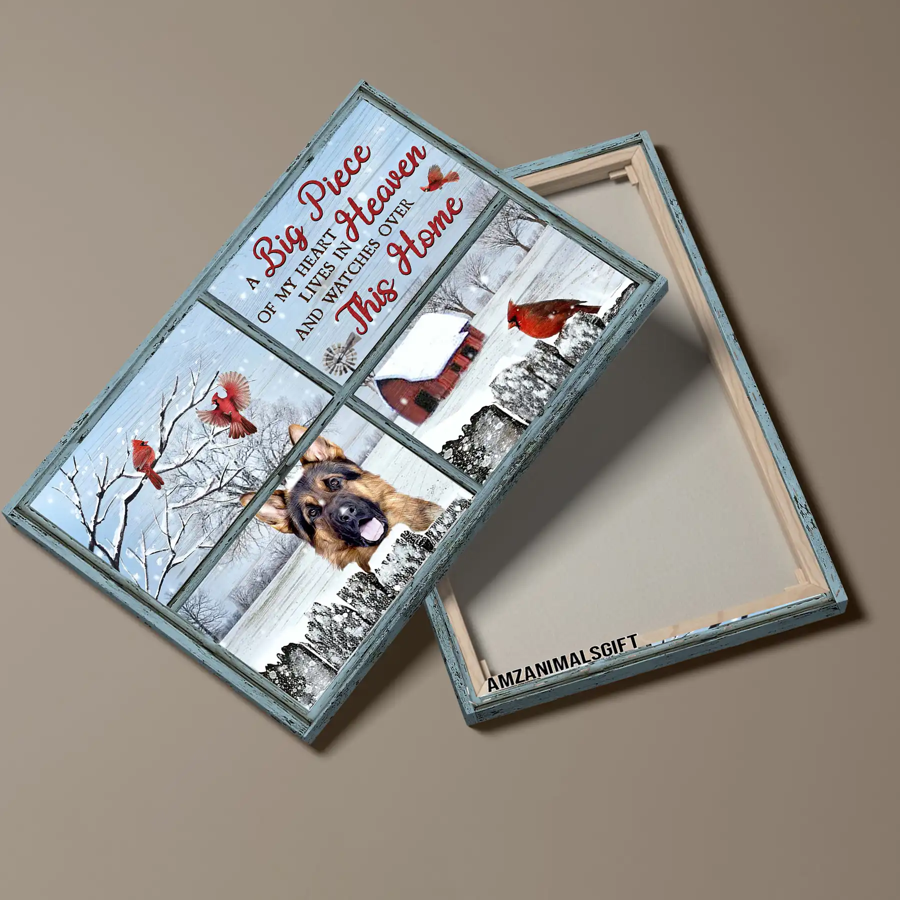 German Shepherd Premium Wrapped Landscape Canvas - German Shepherd, Winter Village, Cardinal, A Big Piece Of My Heart - Memorial Gift For Dog Lovers - Image 3