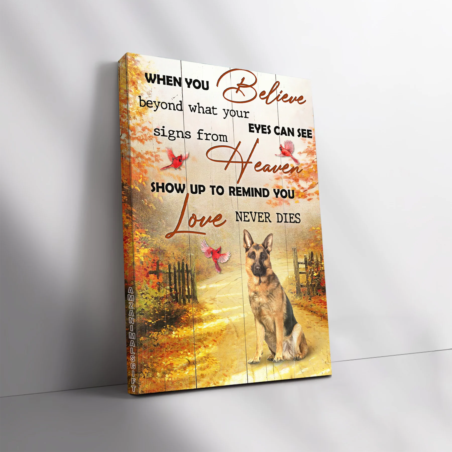 German Shepherd Premium Wrapped Portrait Canvas - Autumn Forest, German Shepherd, Heaven Show Up To Remind Love Never Dies - Gift For Members Family