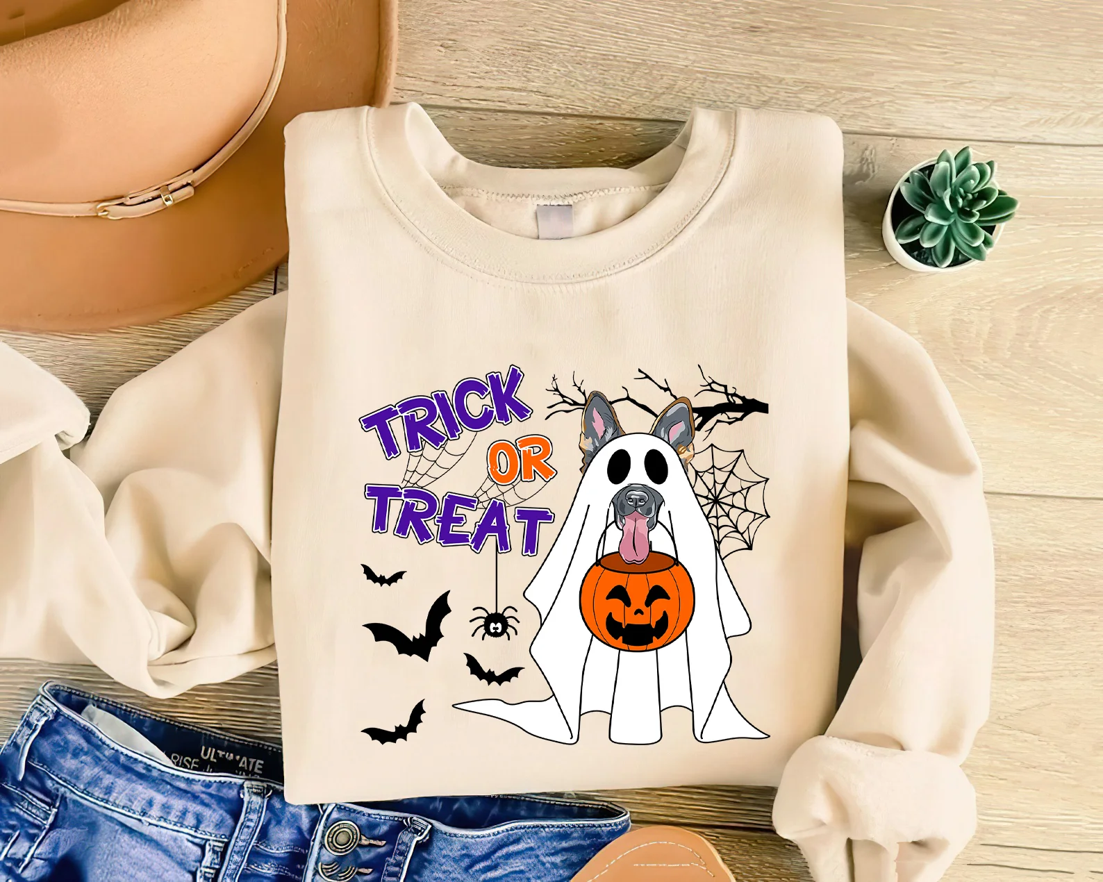 German Shepherd Sweatshirt, Trick Or Treat German Shepherd Pumpkin Sweatshirt, Horror Halloween Dog Shirt, German Shepherd Dog Sweatshirt - Image 3