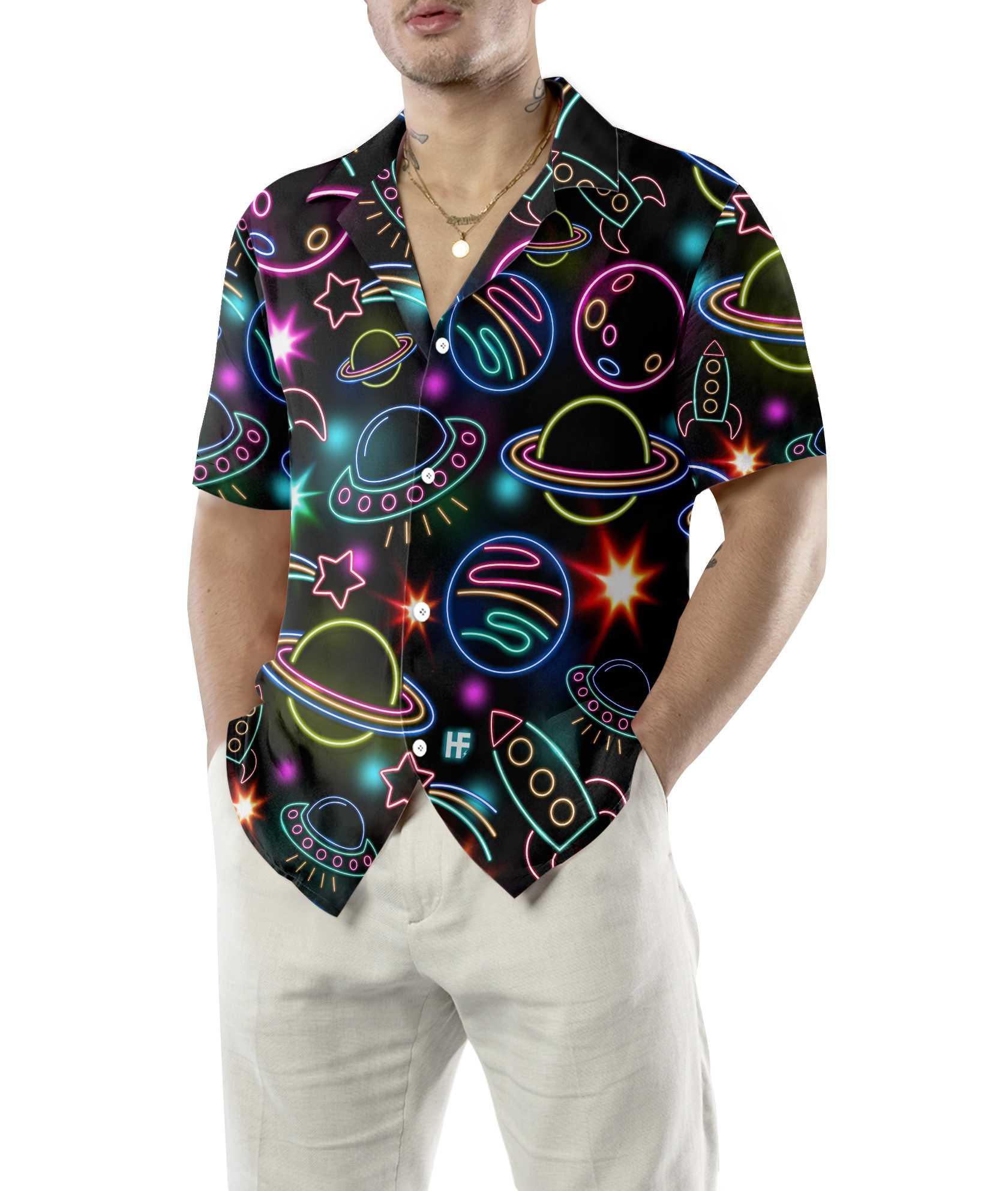 Glowing Space With Rainbow Star Hawaiian Shirt, Colorful Summer Aloha Shirt For Men Women, Perfect Gift For Husband, Wife, Friend, Family