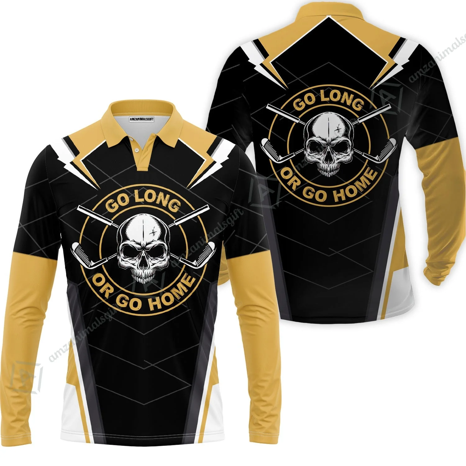 Go Long Or Go Home Golf Zip Polo Shirt, Black Skull Golf Shirt For Men, Cool Golfing Shirt With Sayings Zip Polo Shirt - Image 3