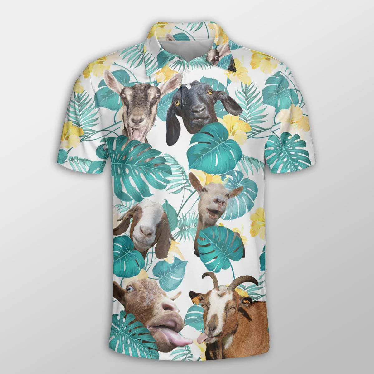 Goat Men Polo Shirts For Summer - Goat In Tropical Leaves Pattern Button Shirts For Men - Perfect Gift For Goat Lovers, Summer Lovers
