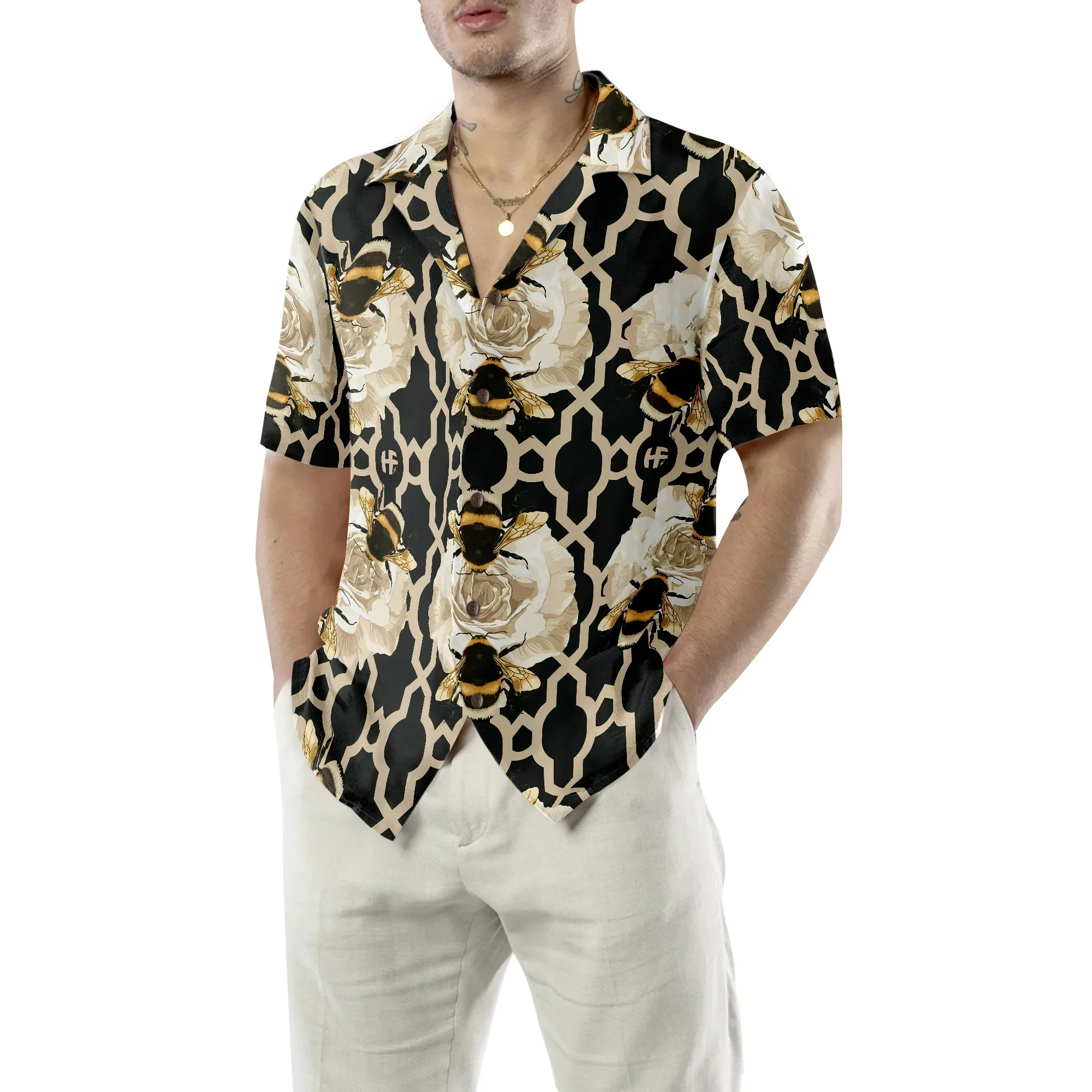 Golden Roses And Bees Hawaiian Shirt, Summer Animals Aloha Shirts For Men Women, Perfect Gift For Husband, Wife, Boyfriend, Friend - Image 3