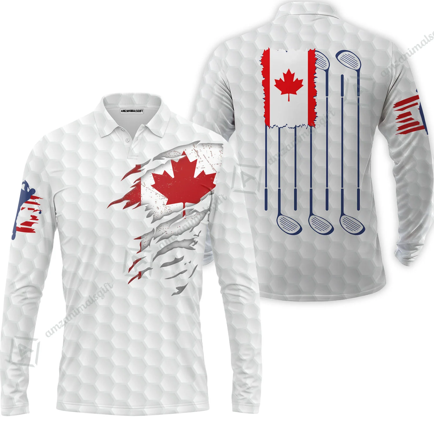 Golf Canada Flag Short Sleeve Polo Shirt, Red Maple Leaf Golfing Shirt, Canadian Golf Polo Shirt - Image 3