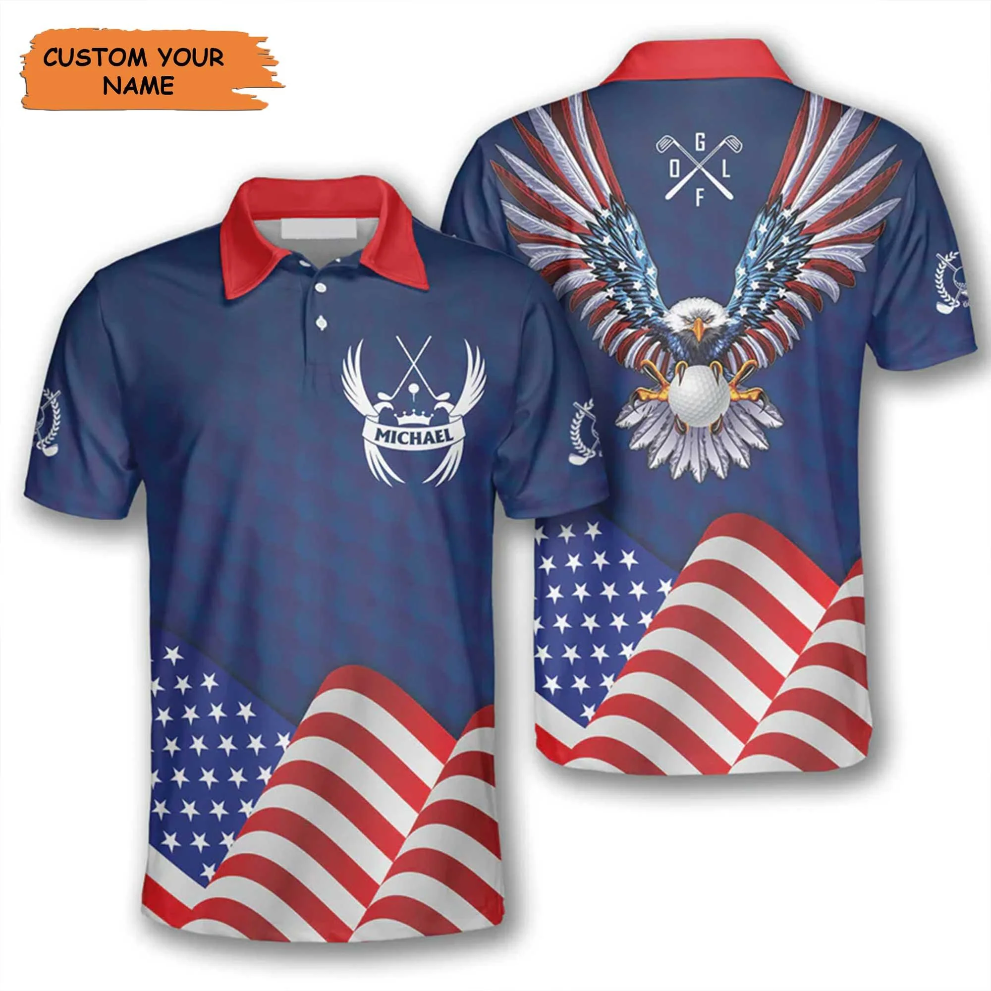 Golf Custom Men Polo Shirt, Personalized Patriotic Eagle Flag Blue Independence Day Polo Shirts For Men, 4th Of July Gift For Golfer, Golf Team Lover