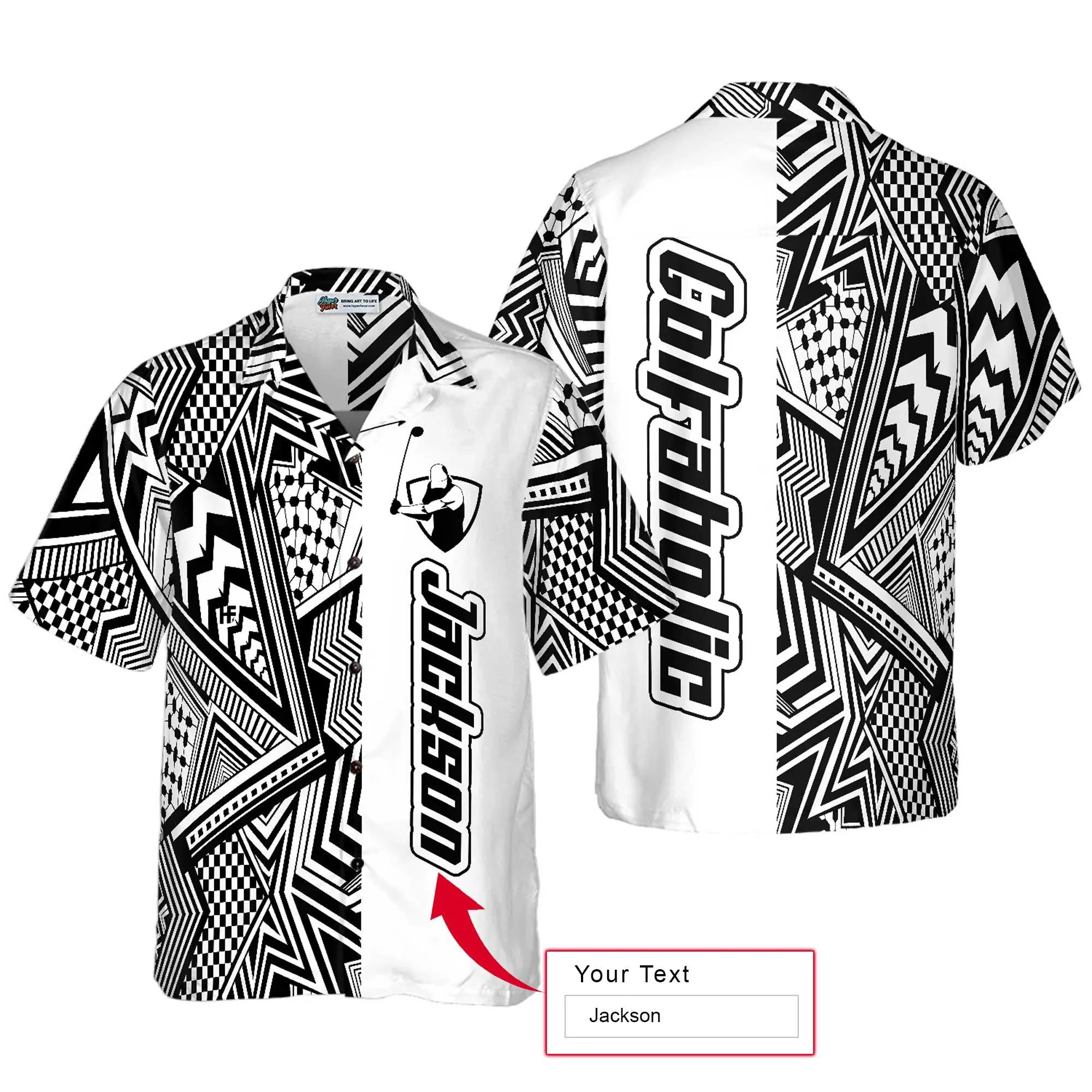 Golf Custom Name Hawaiian Shirt, Black and White Modern Pattern Golfaholic, Personalized Colorful Summer Aloha Hawaiian Shirt For Men Women