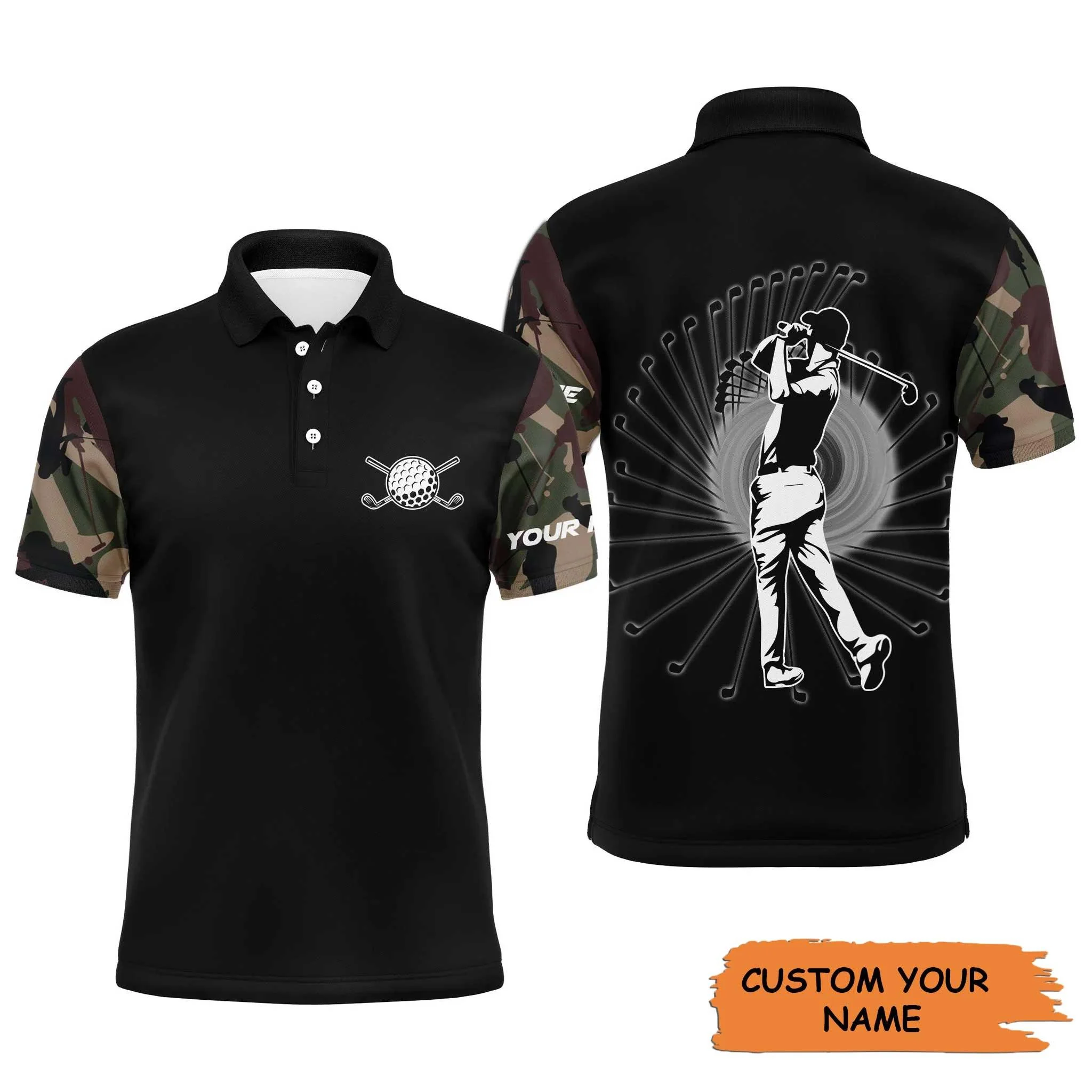 Golf Custom Name Long Sleeve Polo Shirt Camo Black Pattern, Personalized Best Gift For Golf Lovers, Team, Golfer - Image 2