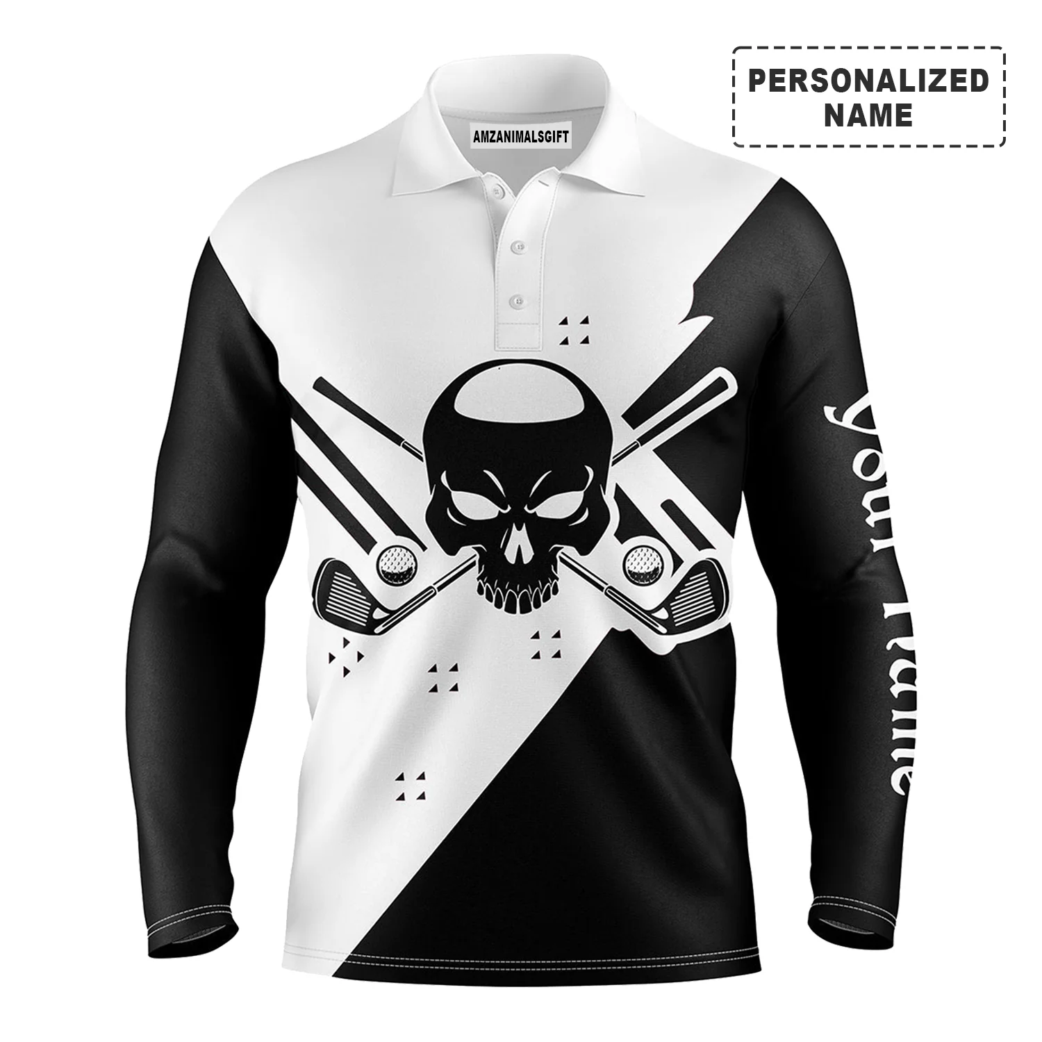 Golf Custom Name Men Long Sleeve Polo Shirt, Skull Black & White Golf Apparel, Best Gift And Outfit For Golf Lover, Team, Golfer - Image 2