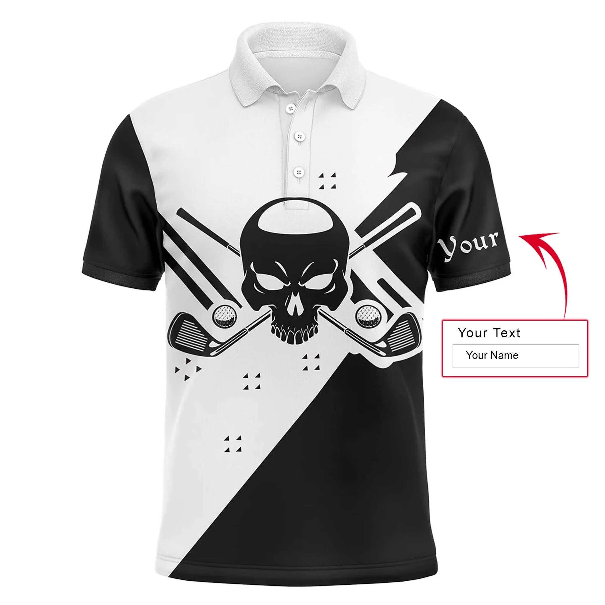 Golf Custom Name Men Long Sleeve Polo Shirt, Skull Black & White Golf Apparel, Best Gift And Outfit For Golf Lover, Team, Golfer - Image 3