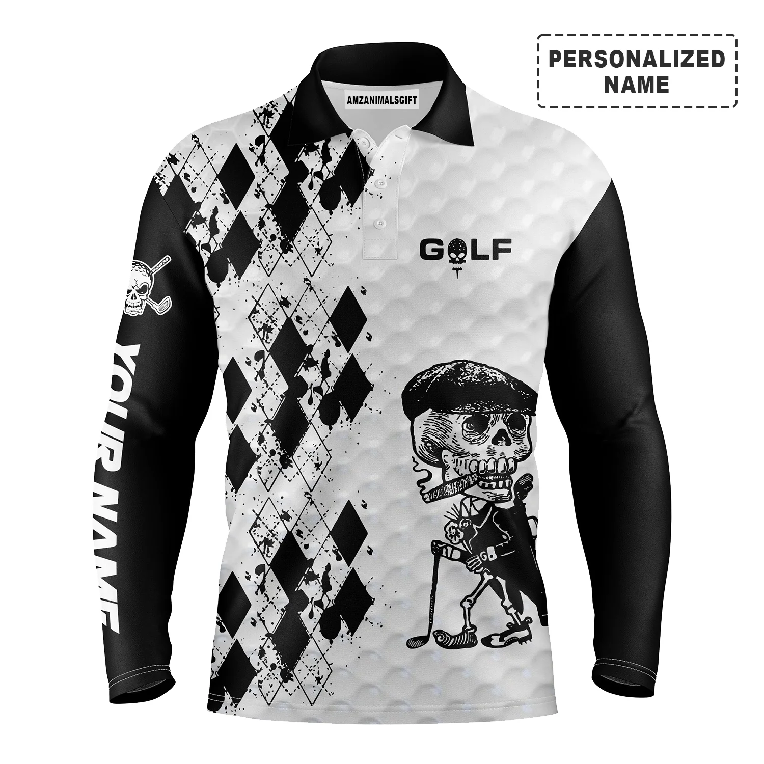 Golf Custom Name Men Polo Shirt - Black & White Argyle Pattern Skull Smoking Apparel - Personalized Best Gift For Golf Lover, Team, Golfer - Image 2