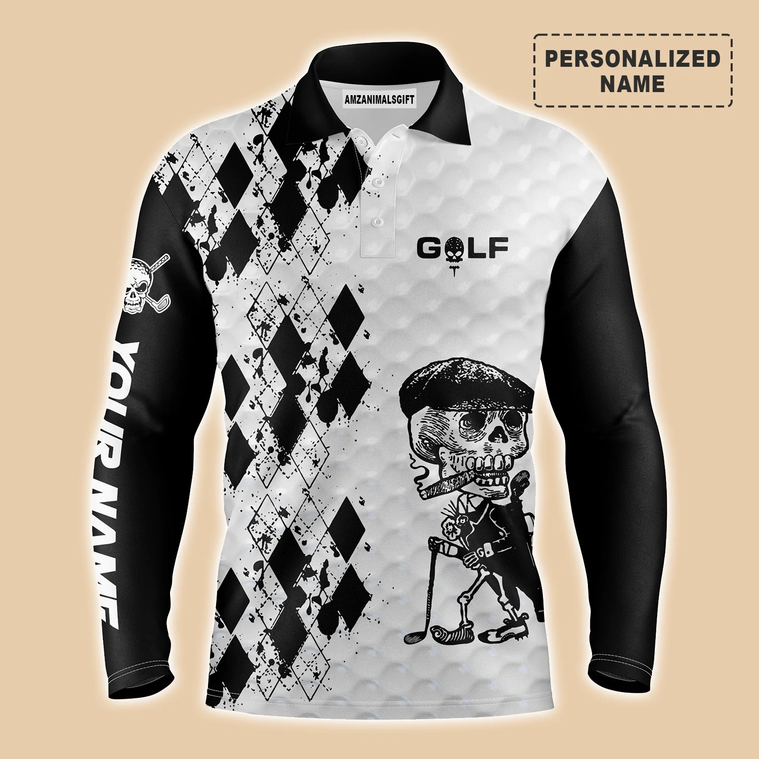 Golf Custom Name Men Polo Shirt - Black & White Argyle Pattern Skull Smoking Apparel - Personalized Best Gift For Golf Lover, Team, Golfer - Image 3
