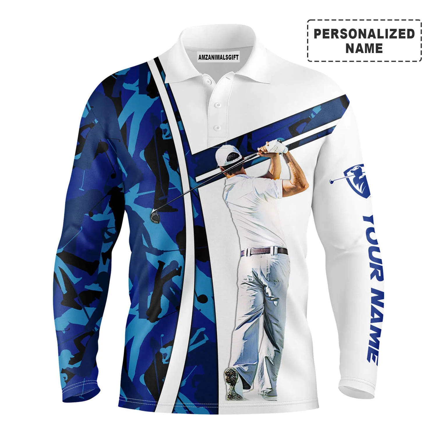 Golf Custom Name Men Polo Shirt - Blue Camo Men Golfing Apparel - Personalized Best Gift For Golf Lover, Team, Golfer - Image 2