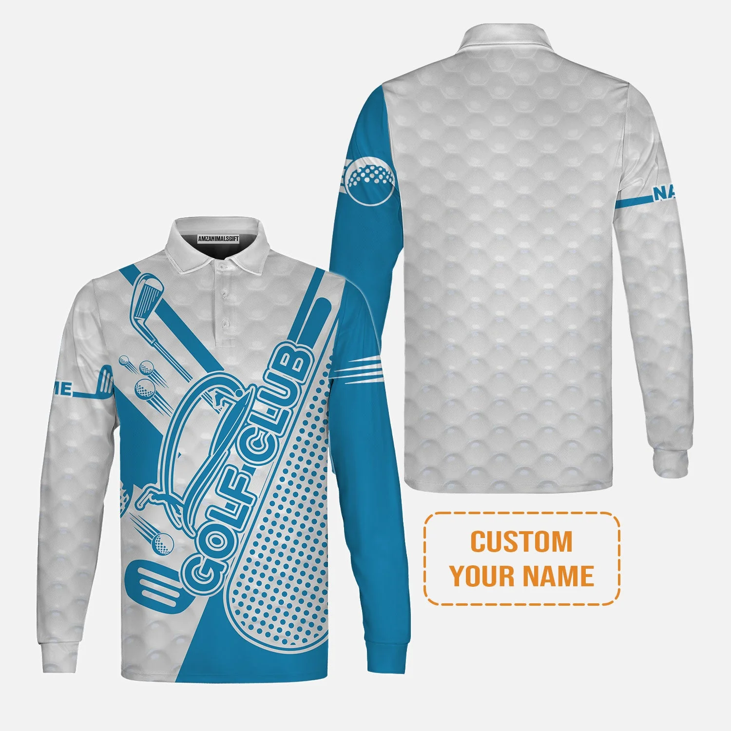 Golf Custom Name Men's Long Sleeve Polo Shirt - Blue Golf Club Apparel - Personalized Best Gift For Golf Lover, Team, Golfer, Men - Image 2