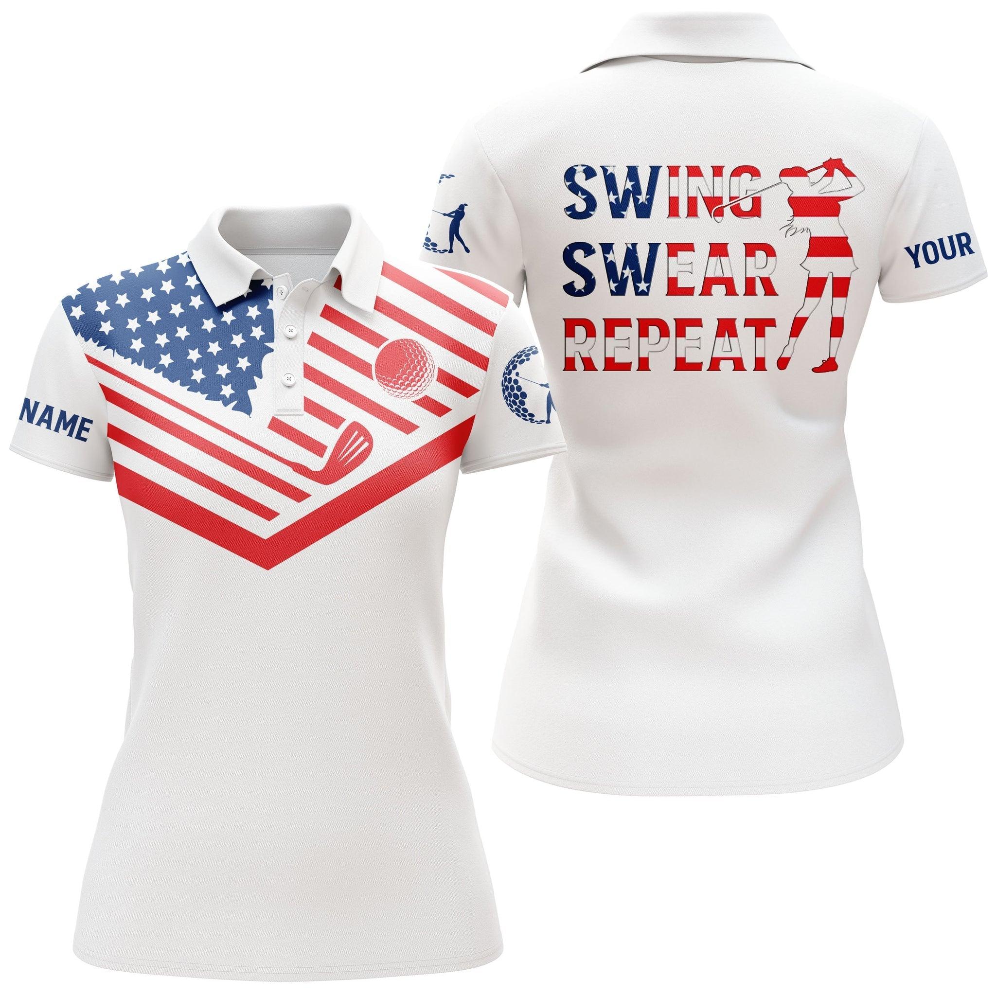 Golf Custom Name Women Polo Shirt, American Flag 4th of July Patriot Swing Swear Repeat Personalized Women Polo Shirts, Gift For Ladies, Golfers - Image 2