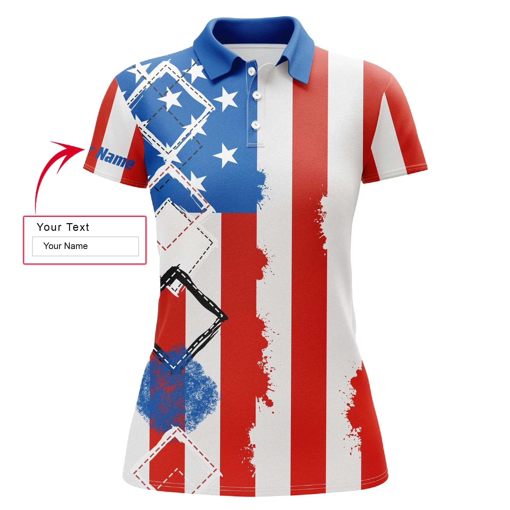 Golf Custom Name Women Polo Shirt, American Flag Patriotic Personalized Outfit Women Polo Shirts, Perfect Gift For Ladies, Golf Lovers, Golfers