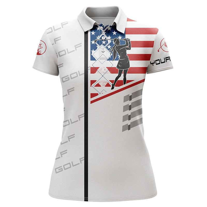 Golf Custom Name Women Polo Shirt, American Flag Patriotic Personalized White Women Polo Shirts, Best Golfing Gift For Ladies, Golfers, Golf Lovers - Image 2
