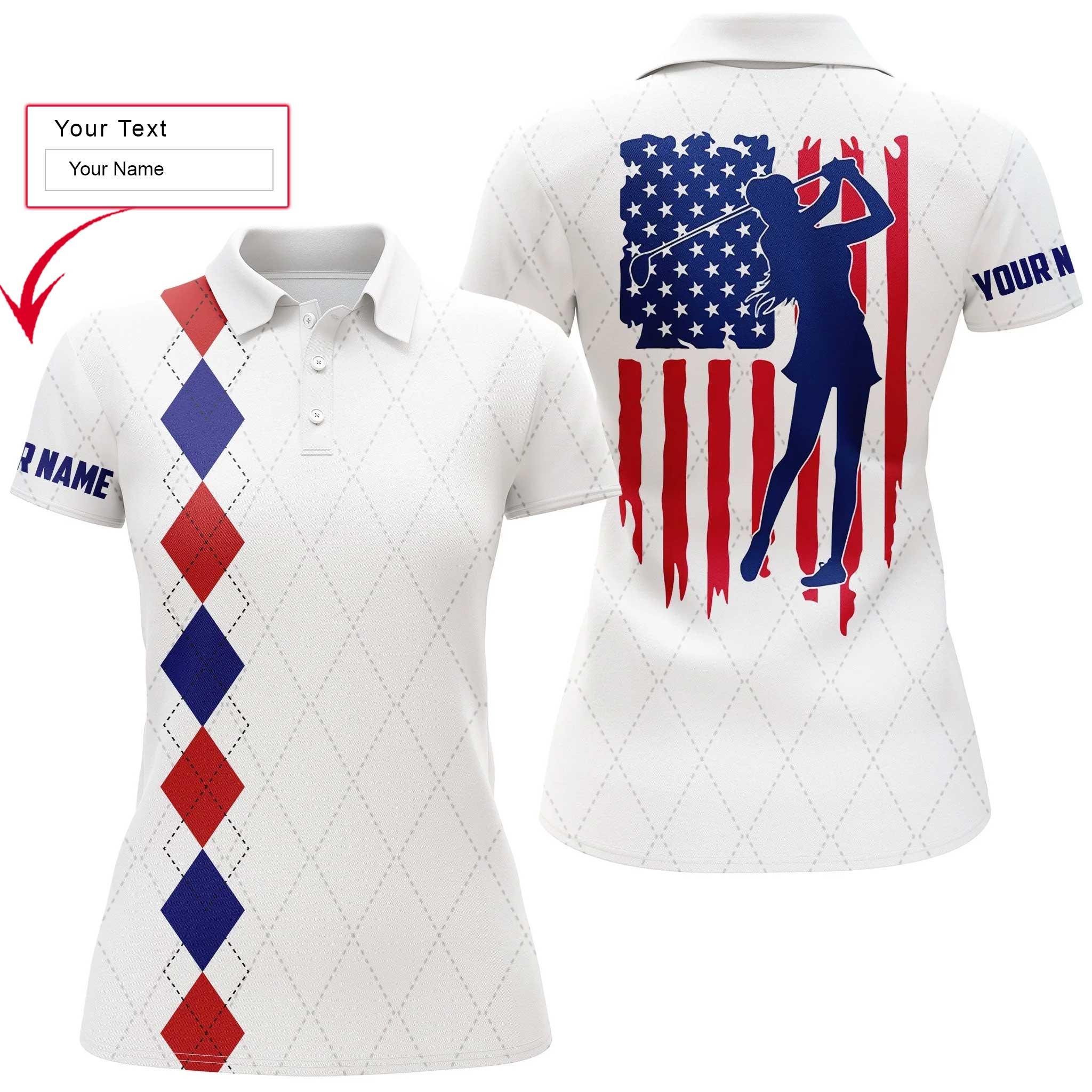Golf Custom Name Women Polo Shirt, American Flag Patriotic Personalized Women Polo Shirts, Best Golfing Gift For Ladies, Golfers, Golf Lovers