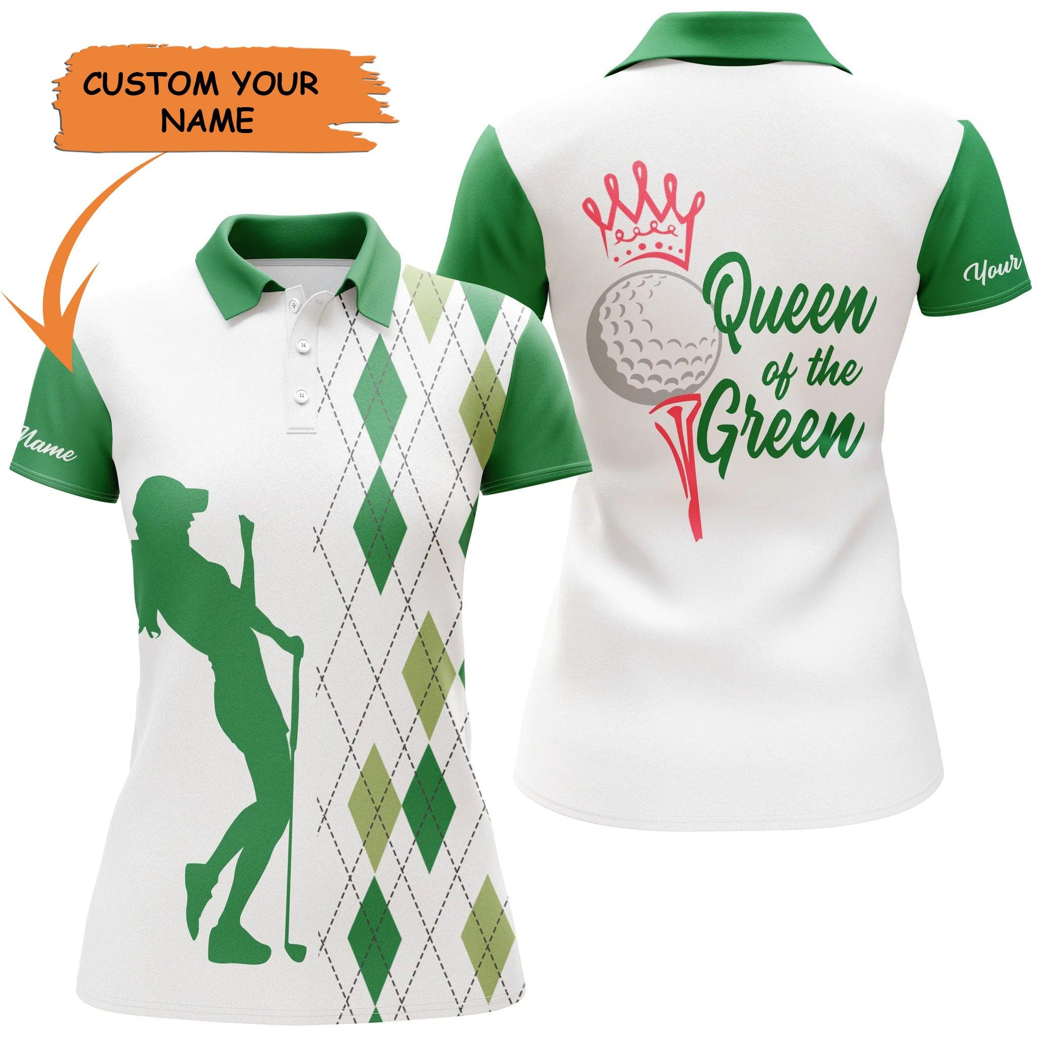 Golf Custom Name Women Polo Shirt, Argyle Plaid White Green Personalized Women Polo Shirt - Perfect Gift For Ladies, Golfers, Golf Lovers