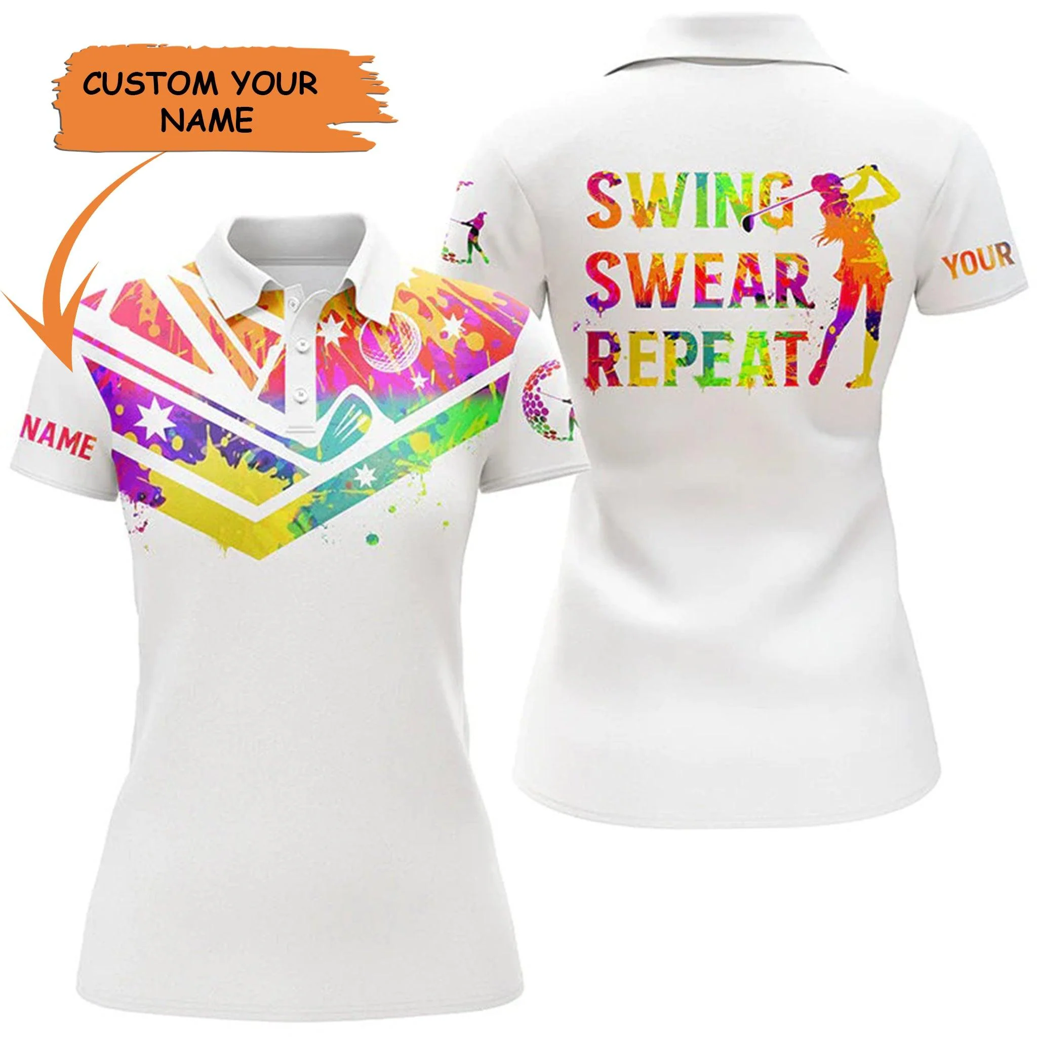 Golf Custom Name Women Polo Shirt, Australia Flag Swing Swear Repeat White Personalized Women Polo Shirt - Gift For Ladies, Golfers, Golf Lovers