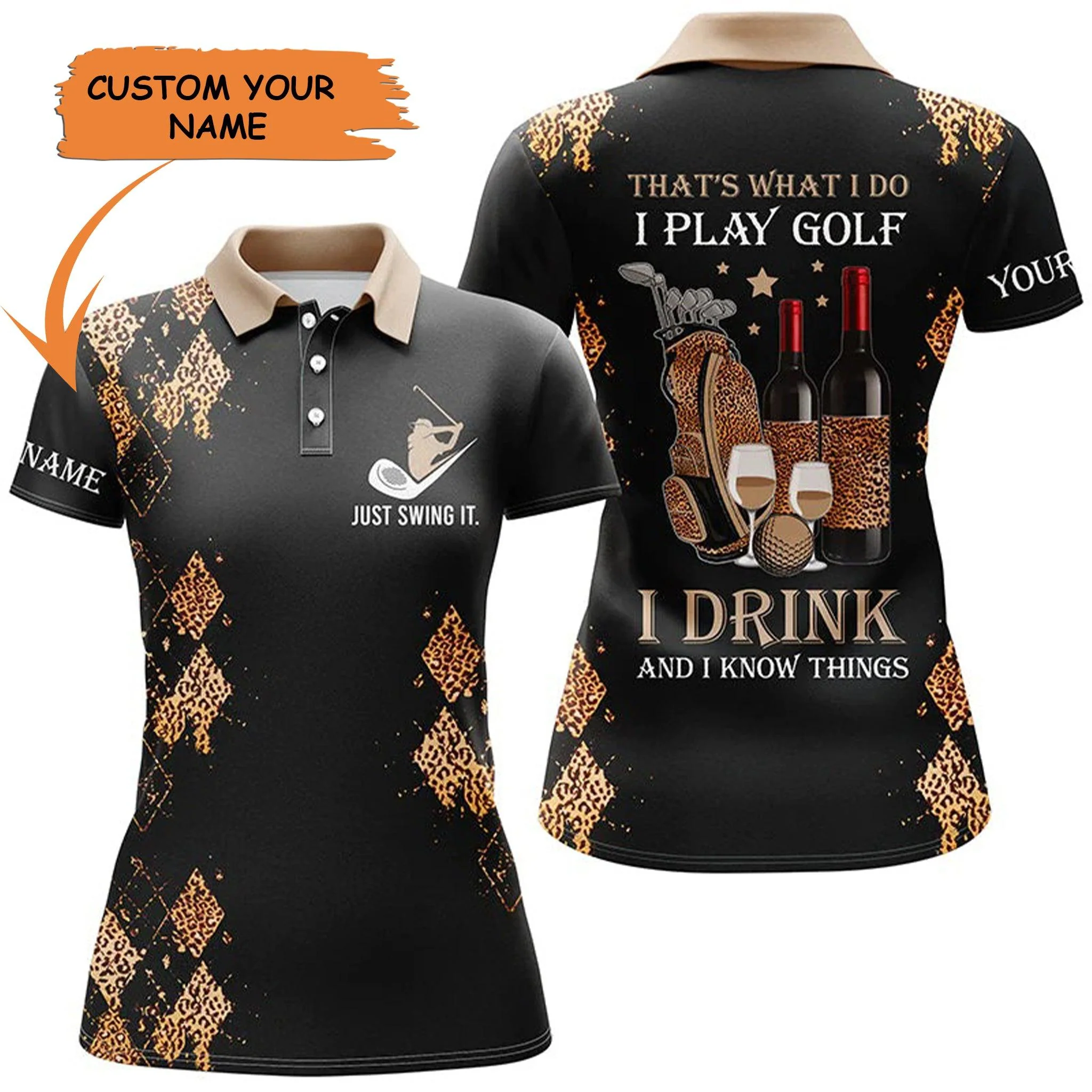 Golf Custom Name Women Polo Shirt, Black Leopard Funny Golf And Wine Personalized Women Polo Shirt - Perfect Gift For Ladies, Golf Lovers, Golfers