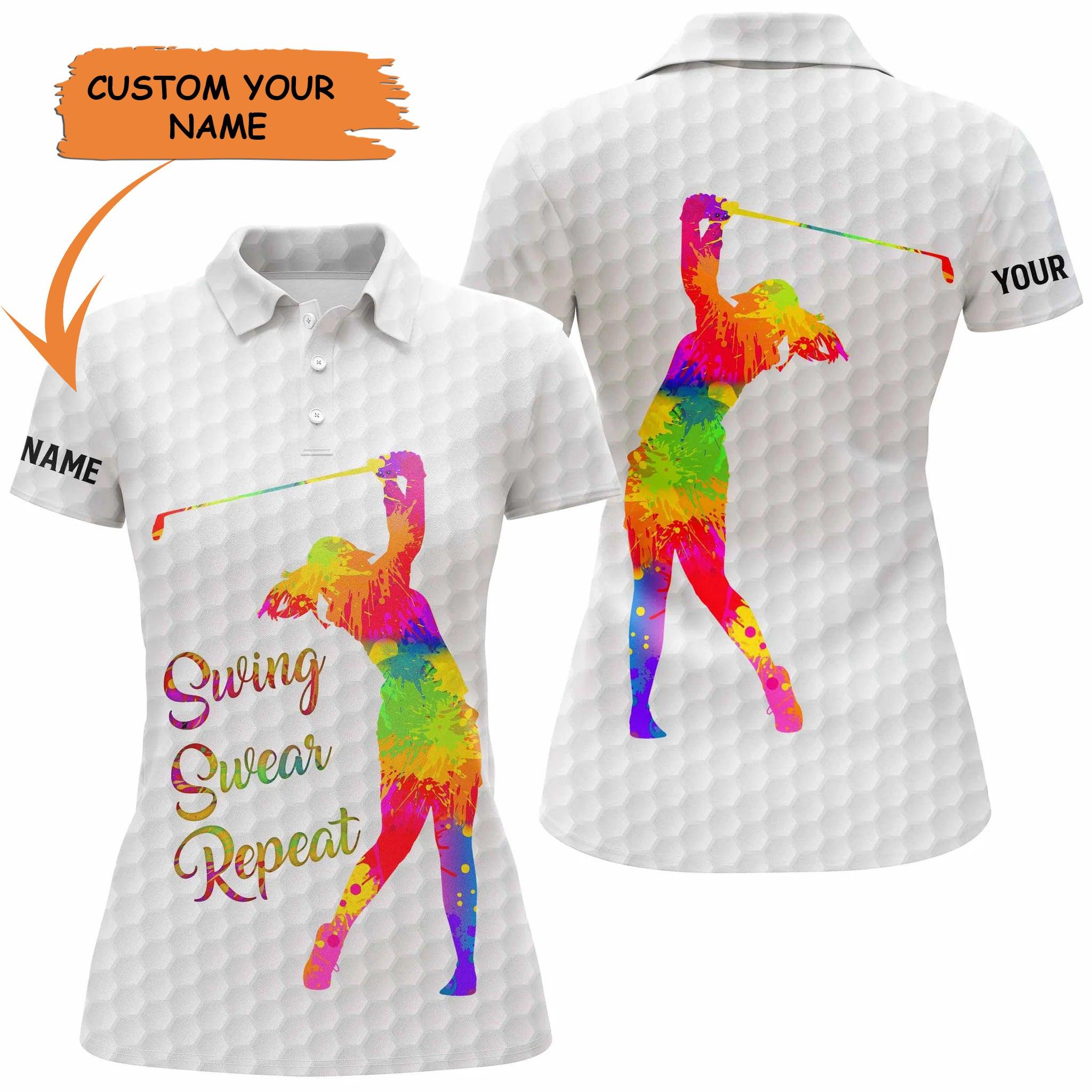 Golf Custom Name Women Polo Shirt, Black & White Watercolor Swing Swear Repeat Personalized Women Polo Shirt - Gift For Ladies, Golf Lovers, Golfers - Image 4