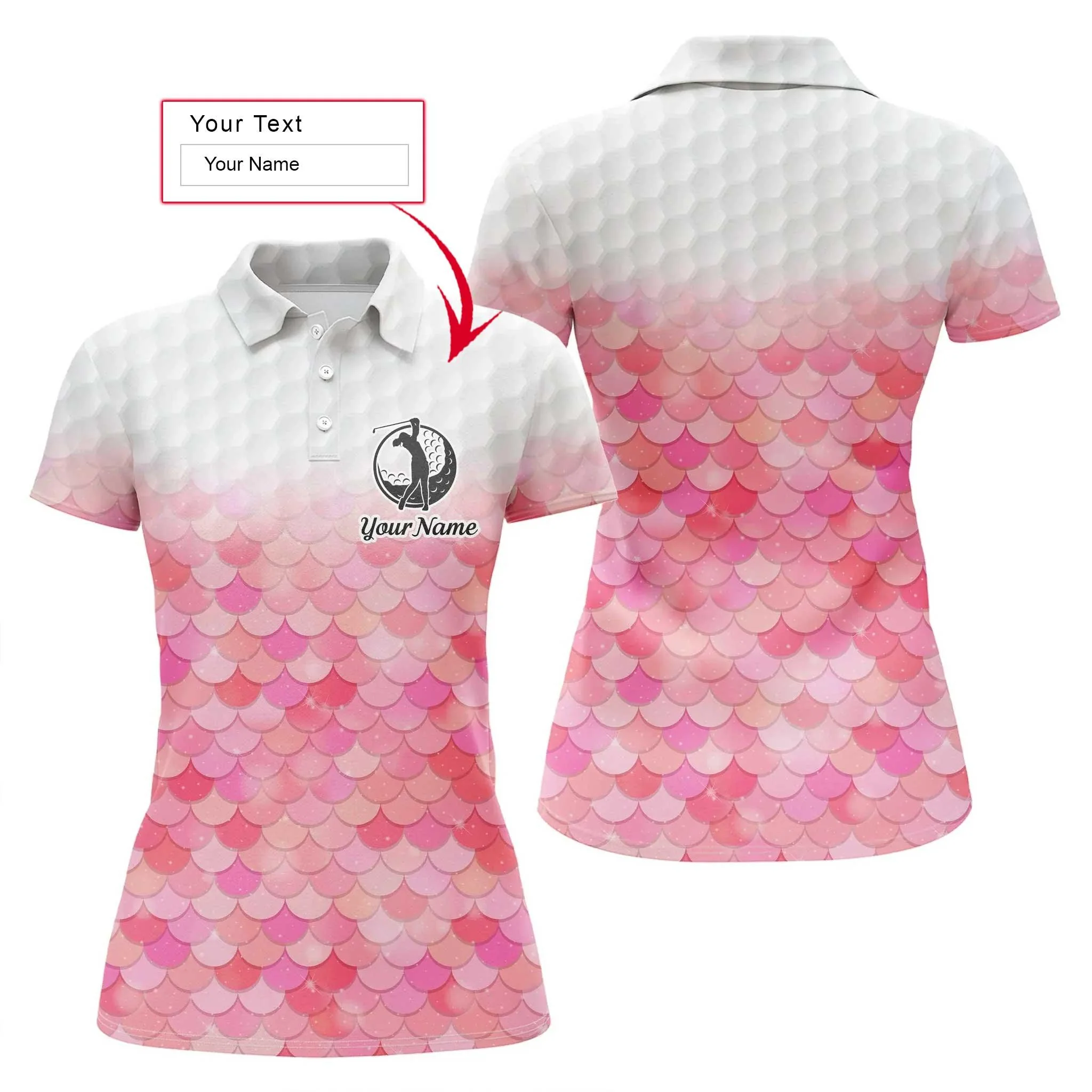 Golf Custom Name Women Polo Shirt, Bling Pink Mermaid Scales Pattern Personalized Women Polo Shirts, Golfing Gift For Ladies, Golfers, Golf Lovers