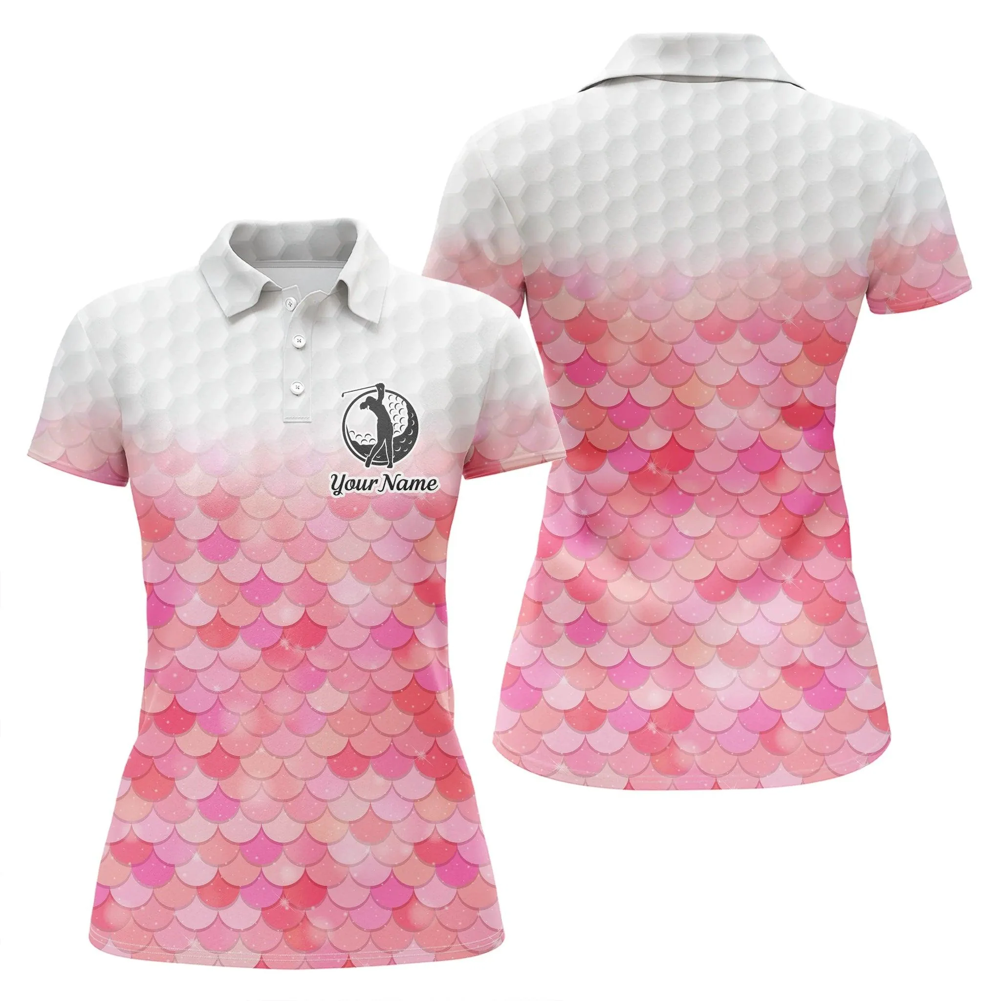 Golf Custom Name Women Polo Shirt, Bling Pink Mermaid Scales Pattern Personalized Women Polo Shirts, Golfing Gift For Ladies, Golfers, Golf Lovers - Image 2