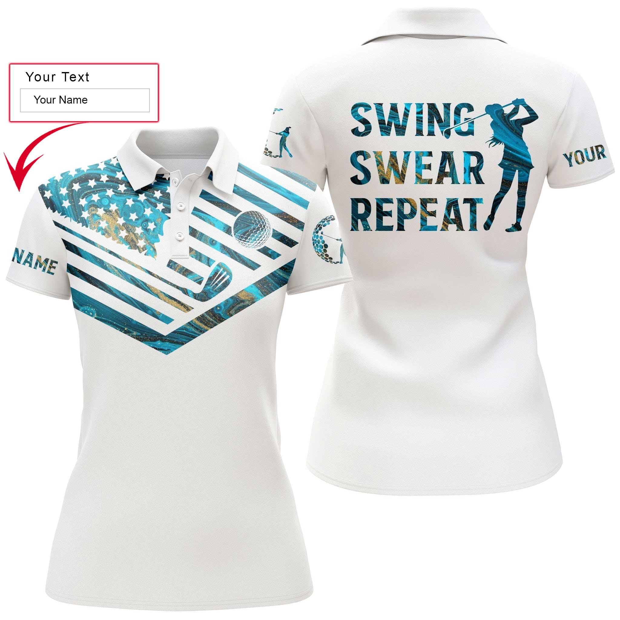 Golf Custom Name Women Polo Shirt, Blue Marble American Flag, Swing Swear Repeat Personalized Women Polo Shirts, Gift For Ladies, Golfers, Golf Lovers