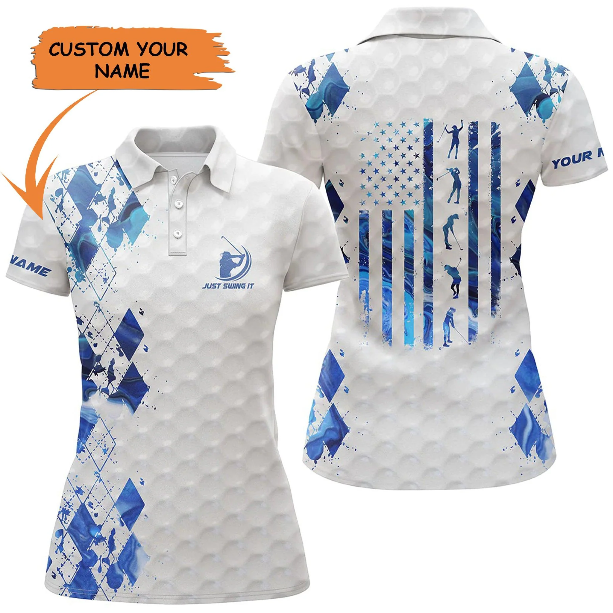 Golf Custom Name Women Polo Shirt, Blue White American Flag Just Swing It Personalized Women Polo Shirt, Perfect Gift For Ladies, Golf Lovers, Golfers - Image 2