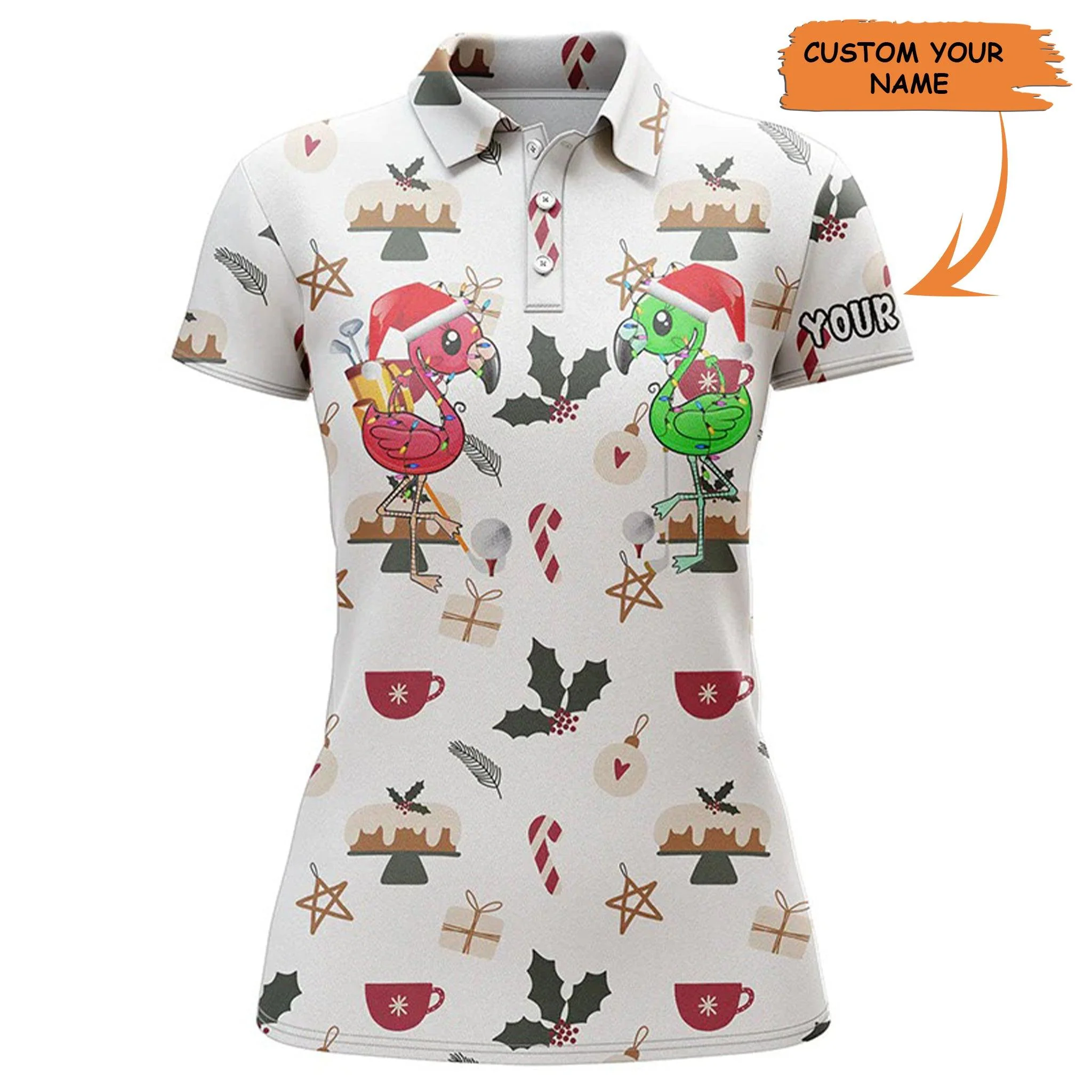 Golf Custom Name Women Polo Shirt, Christmas Background Flamingo Friends Personalized Women Polo Shirt - Perfect Gift For Ladies, Golf Lovers, Golfers