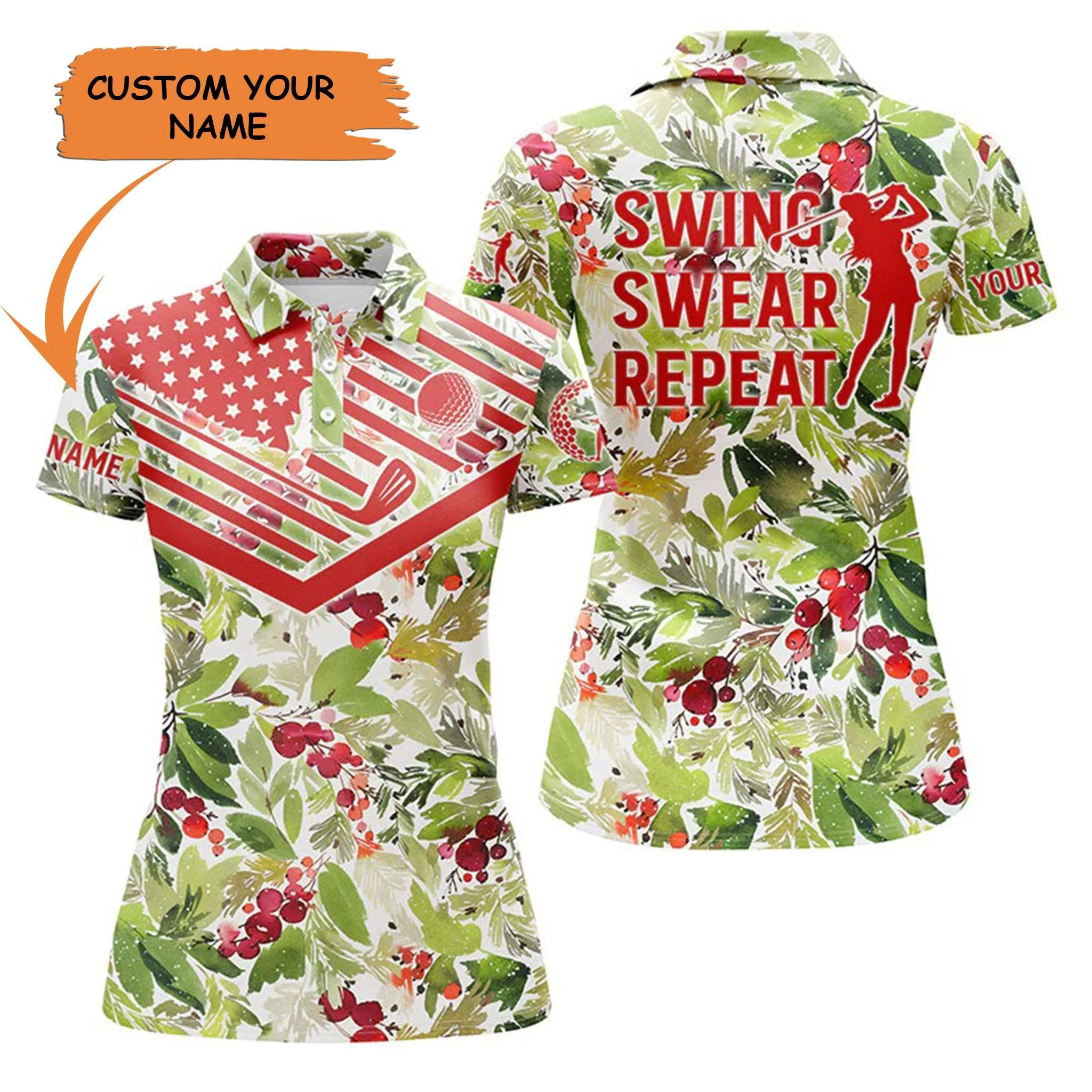Golf Custom Name Women Polo Shirt, Christmas Pattern American Flag Personalized Women Polo Shirt - Perfect Gift For Ladies, Golf Lovers, Golfers