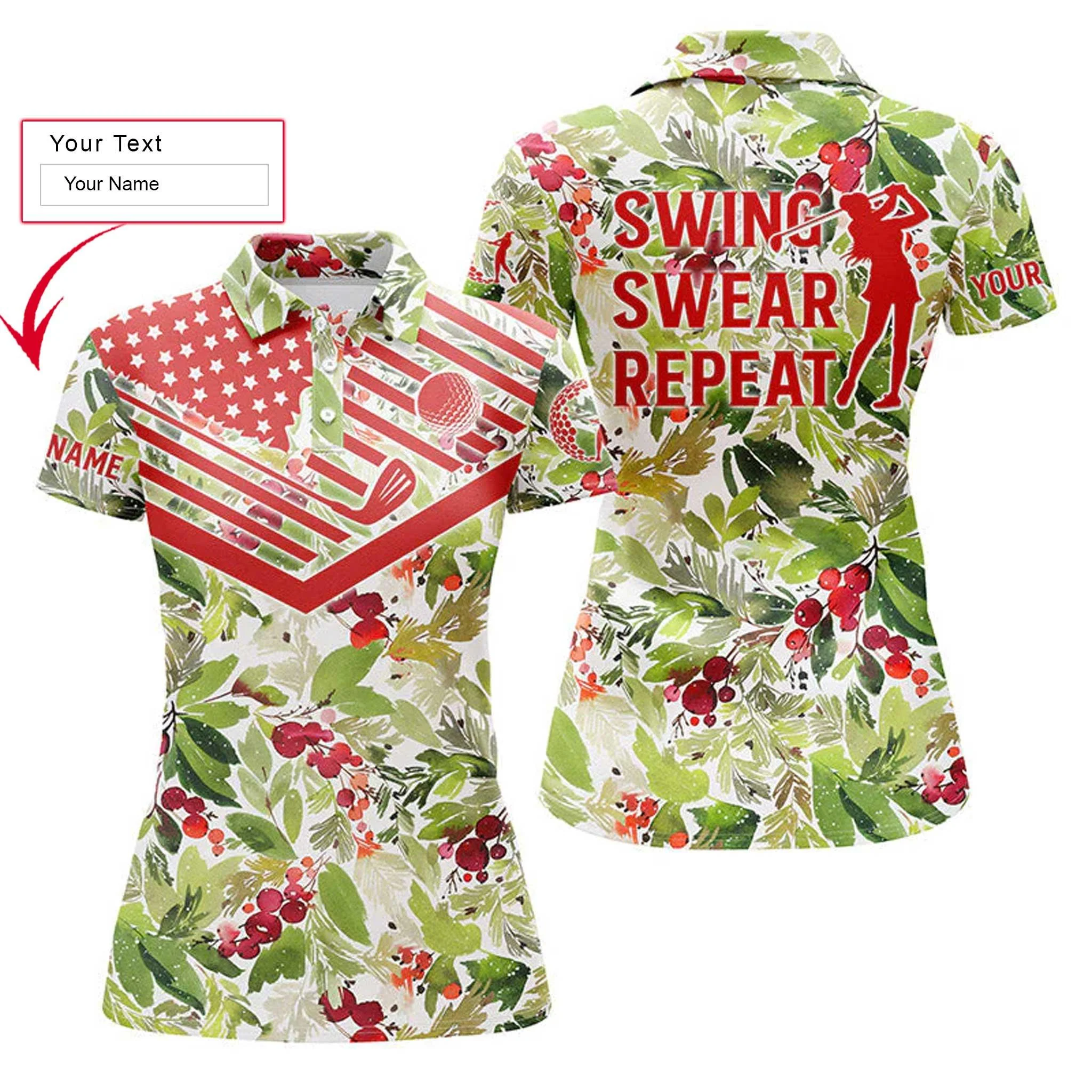 Golf Custom Name Women Polo Shirt, Christmas Pattern American Flag, Swing Swear Repeat Golf Personalized Women Polo Shirts, Gift For Ladies, Golfers