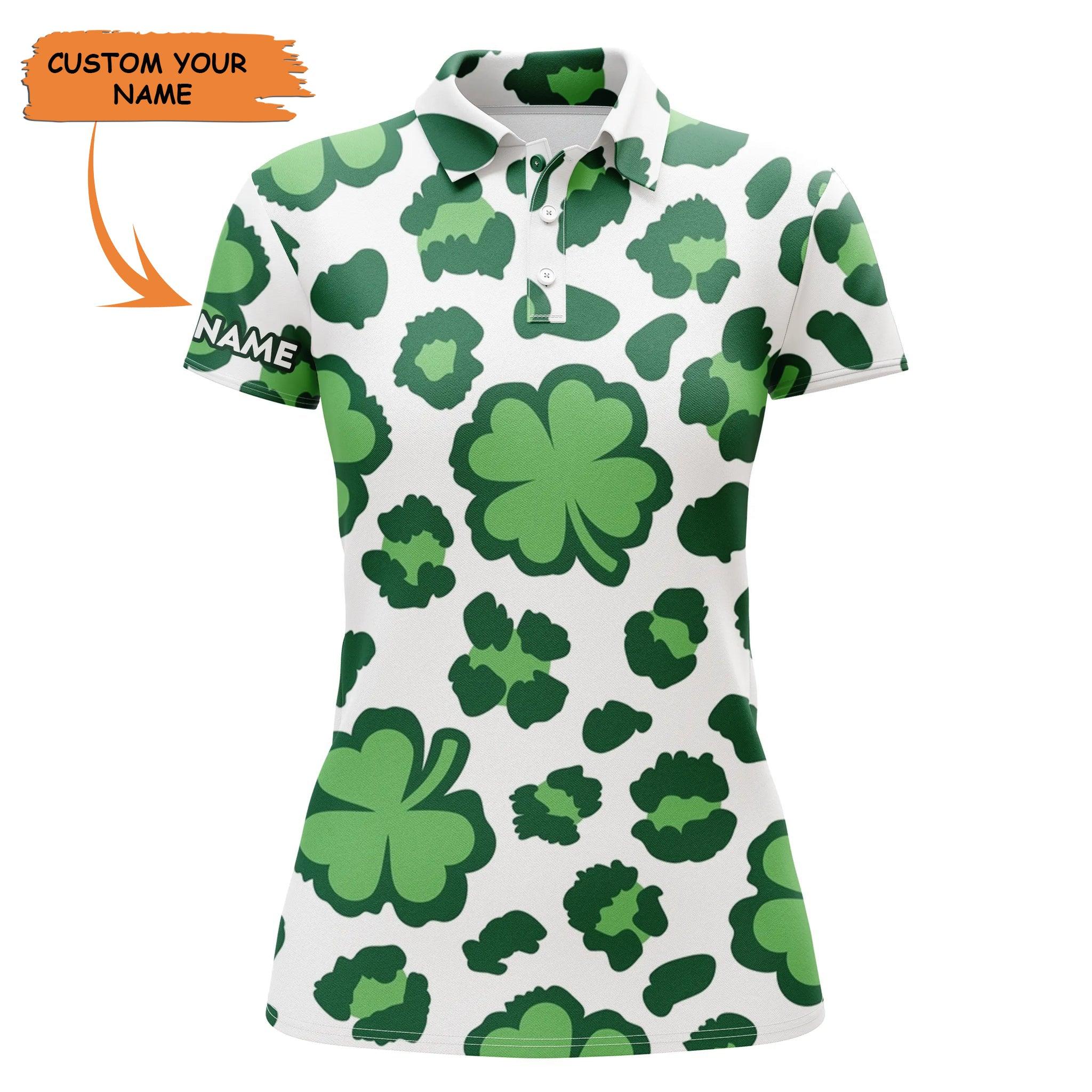 Golf Custom Name Women Polo Shirt, Clover And Leopard Pattern Patrick's Day Personalized Women Polo Shirt - Gift For Ladies, Golf Lovers, Golfers