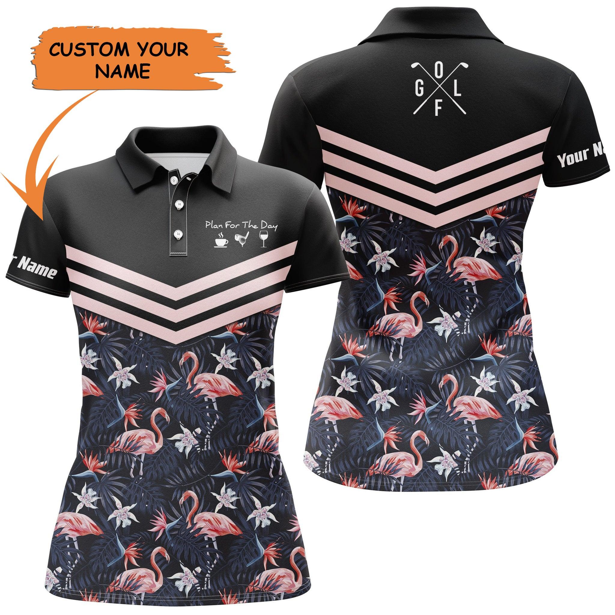 Golf Custom Name Women Polo Shirt, Coffee Golf Wine Tropical Leaf Flamingo Personalized Women Polo Shirt - Gift For Ladies, Golf Lovers, Golfers